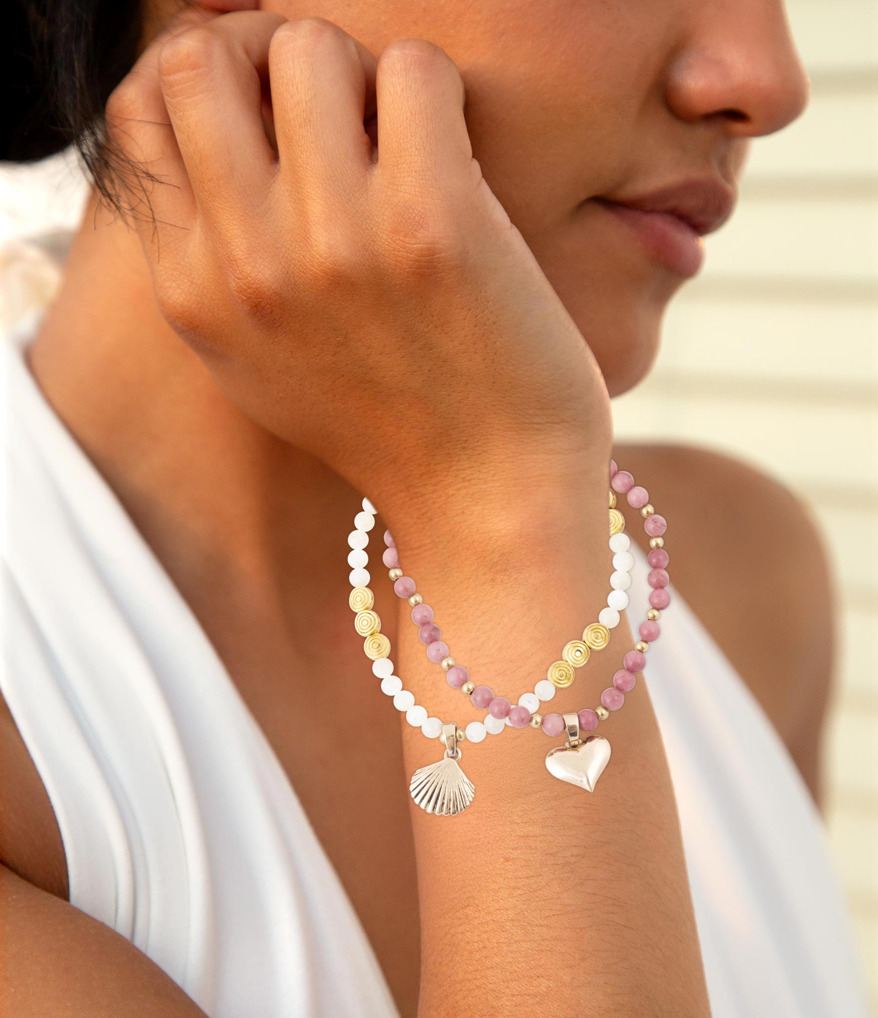 Pink Rhodonite and White Pearl Golden Heart Charm Bracelet Set Barse Jewelry