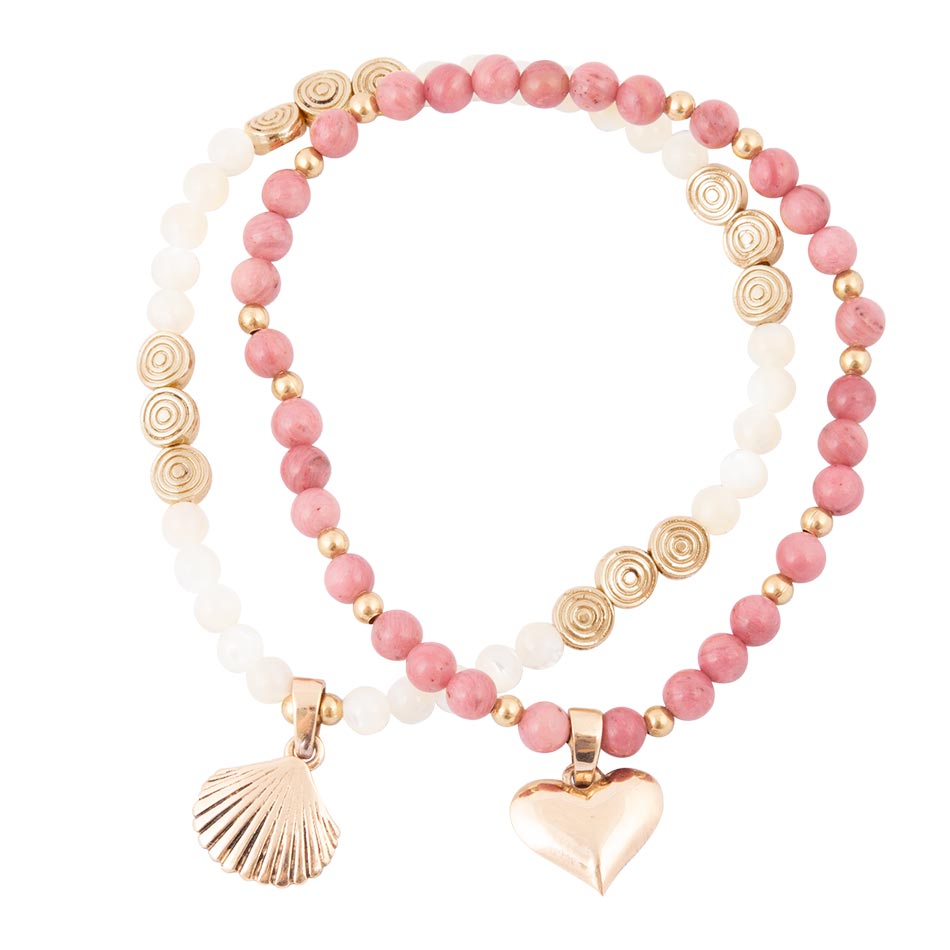 Pink Rhodonite and White Pearl Golden Heart Charm Bracelet Set Barse Jewelry