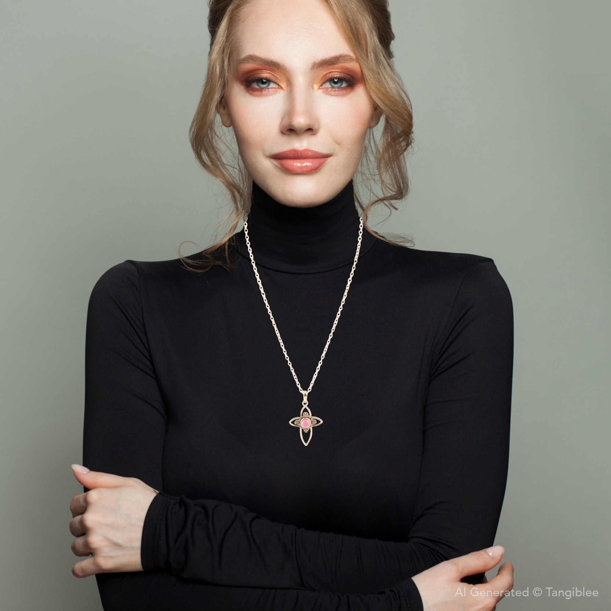 Pink Rhodonite Golden Cross Pendant Necklace Barse Jewelry