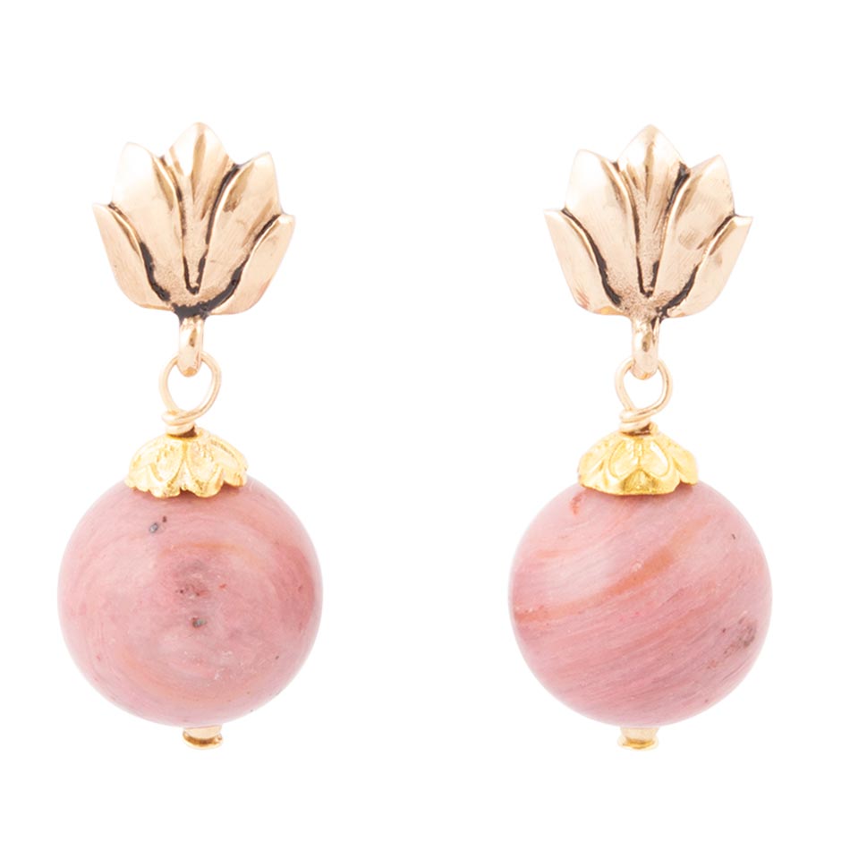 Pink Rhodonite Golden Lotus Drop Earrings Barse Jewelry