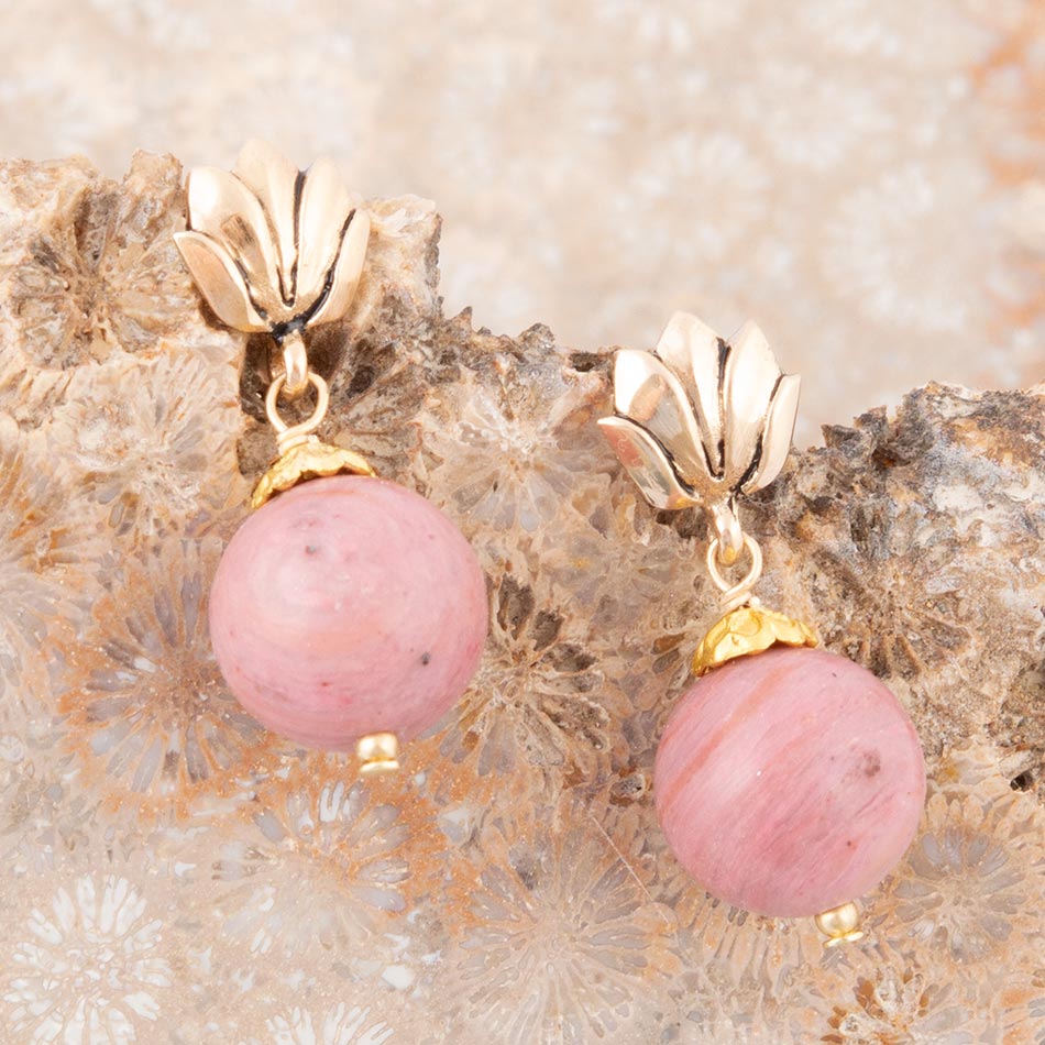 Pink Rhodonite Golden Lotus Drop Earrings Barse Jewelry