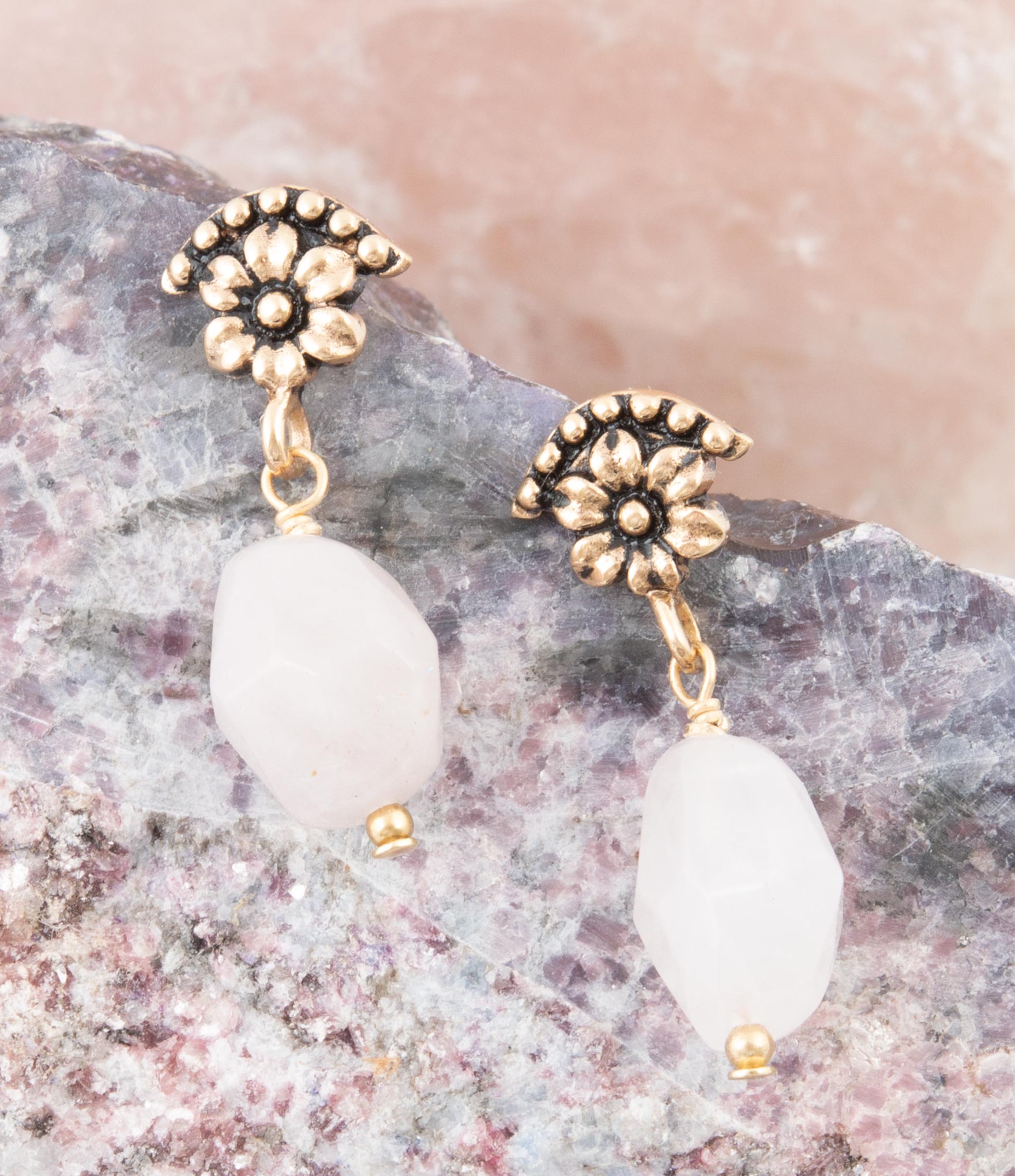 Pink Rose Quartz Golden Floral Drop Earrings Barse Jewelry