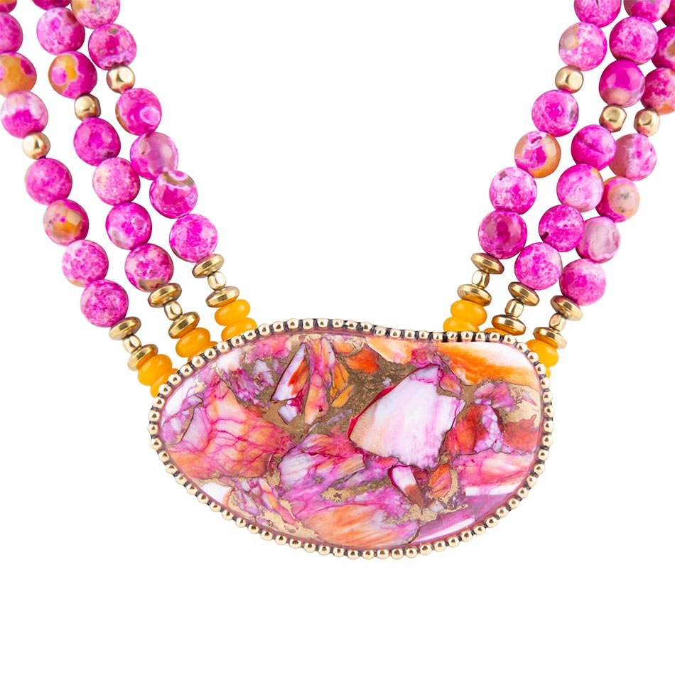 Pink Starburst Shell Statement Golden Necklace Barse Jewelry
