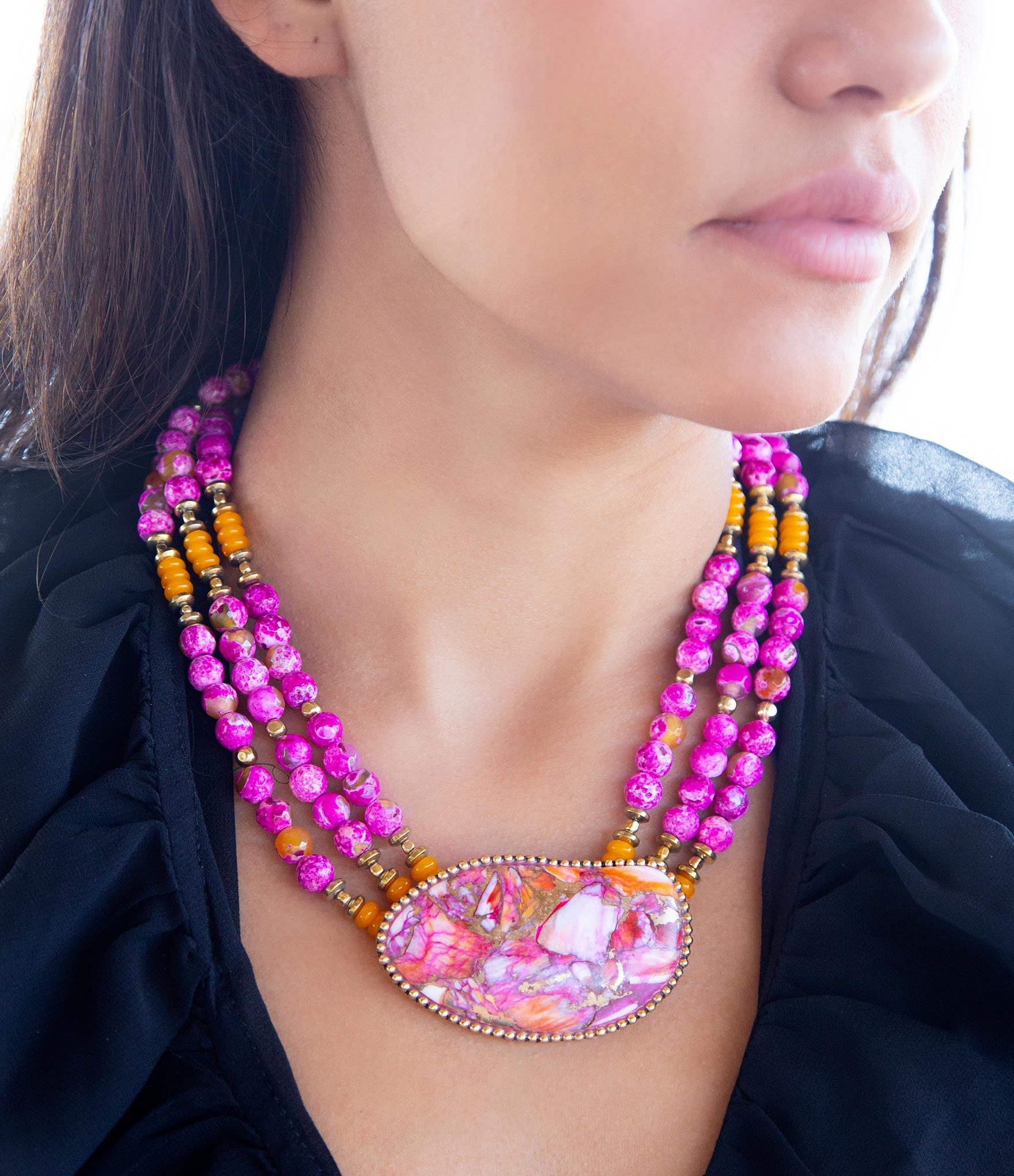 Pink Starburst Shell Statement Golden Necklace Barse Jewelry