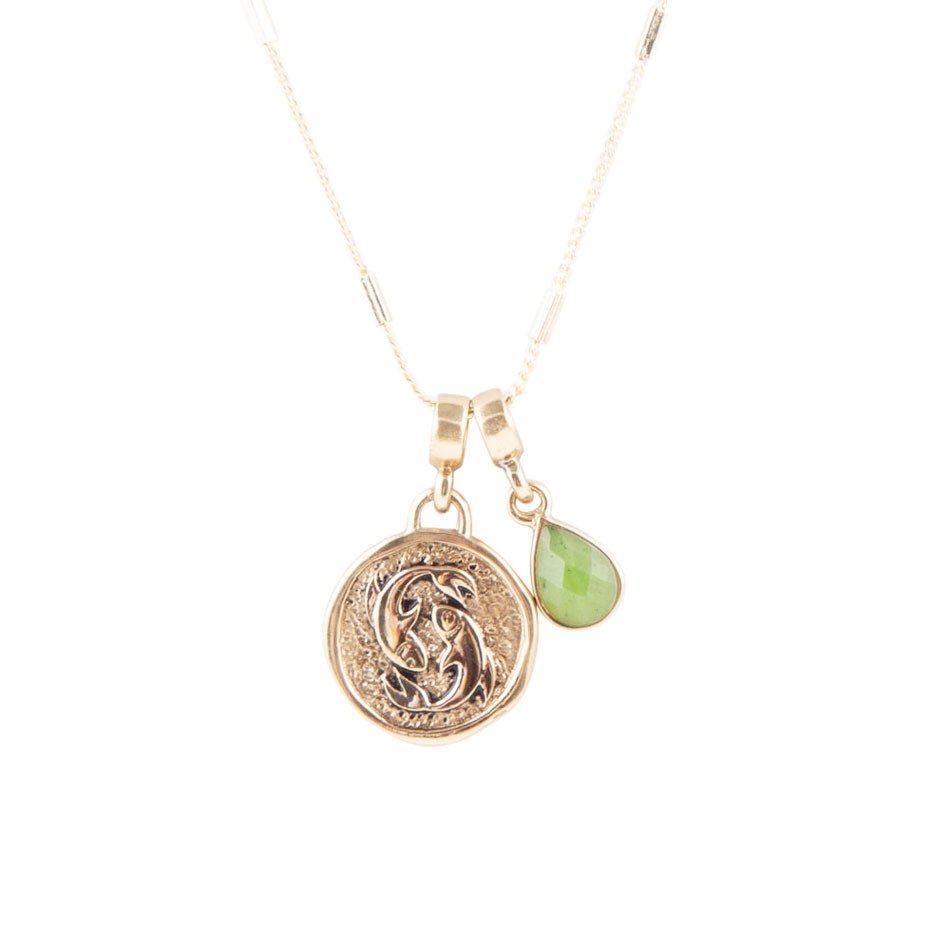 Pisces - Zodiac Green Jade Golden Charm Necklace Barse Jewelry