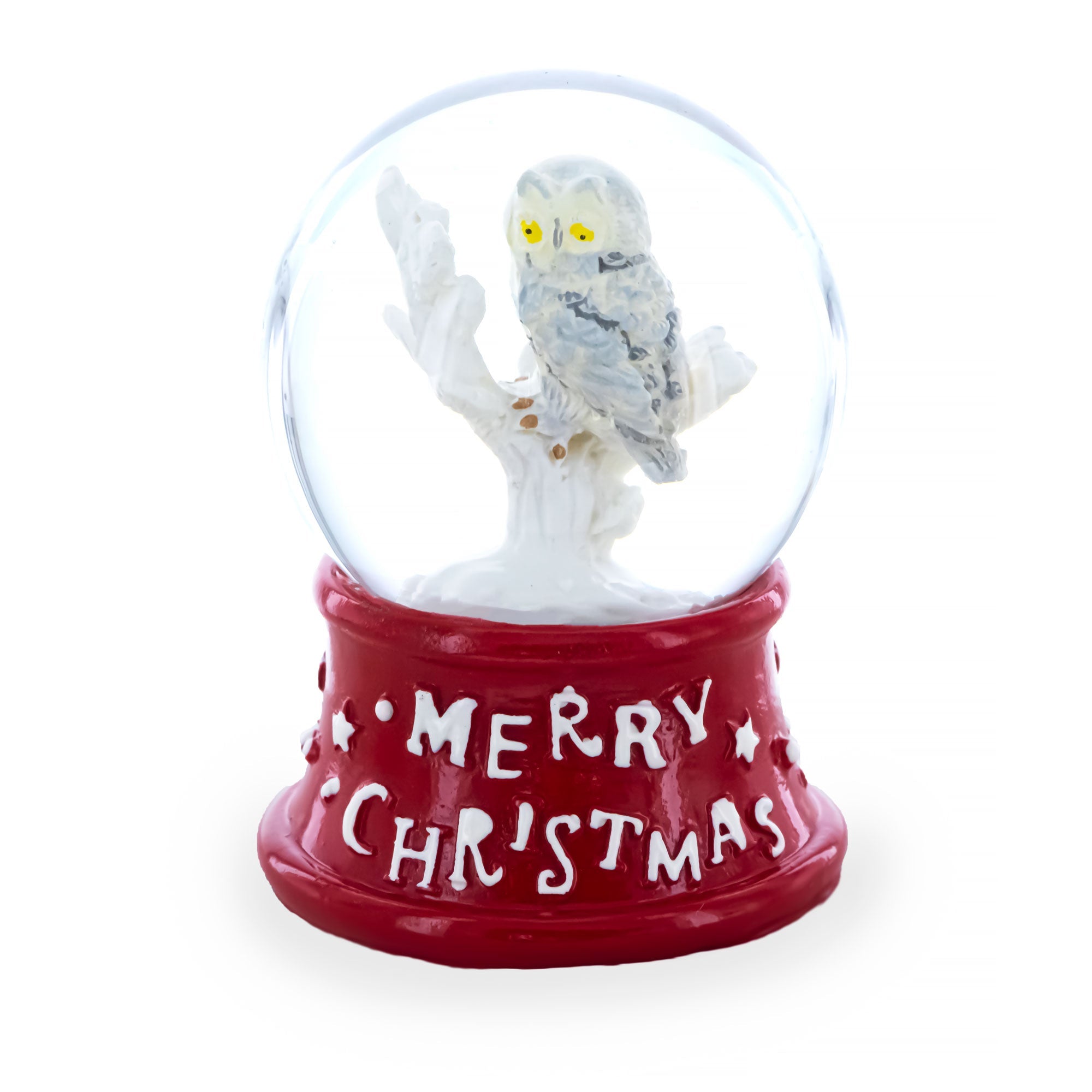 White Owl Perched on Red Base Mini Water Snow Globe