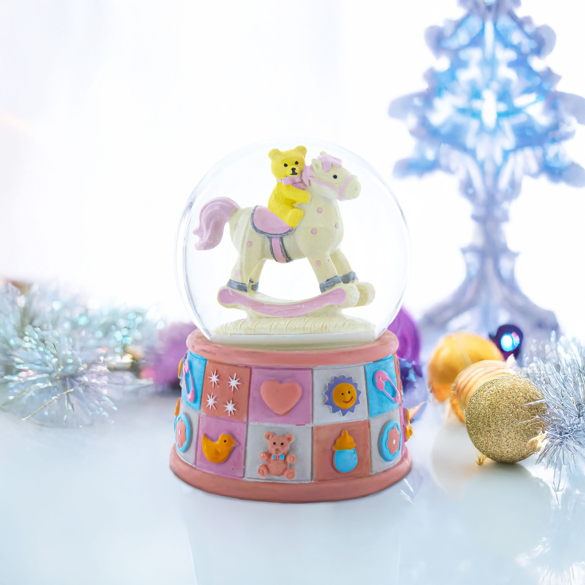Lullaby Teddy on Rocking Horse Musical Water Snow Globe