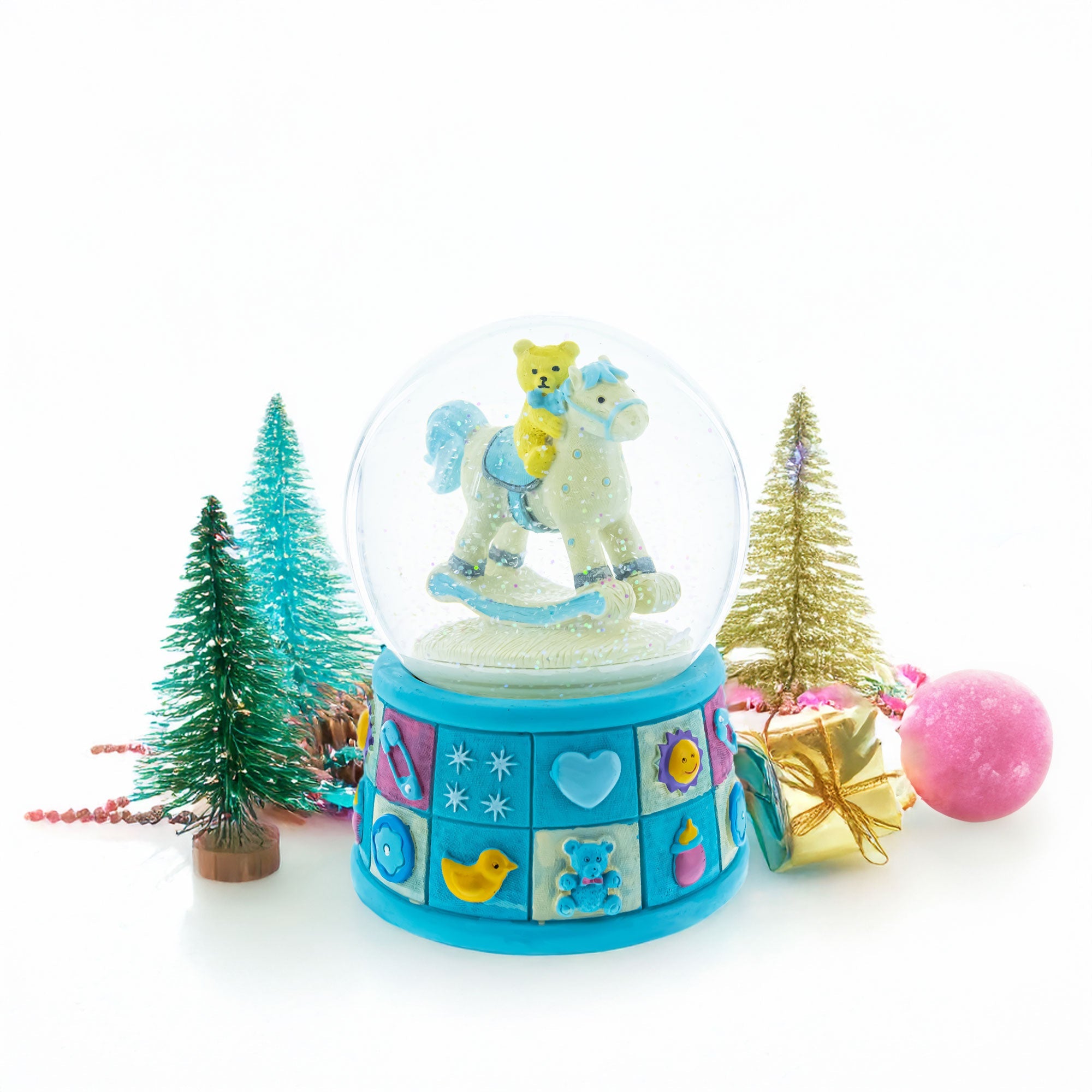 Teddy Bear on Rocking Horse Baby Boy Musical Water Snow Globe