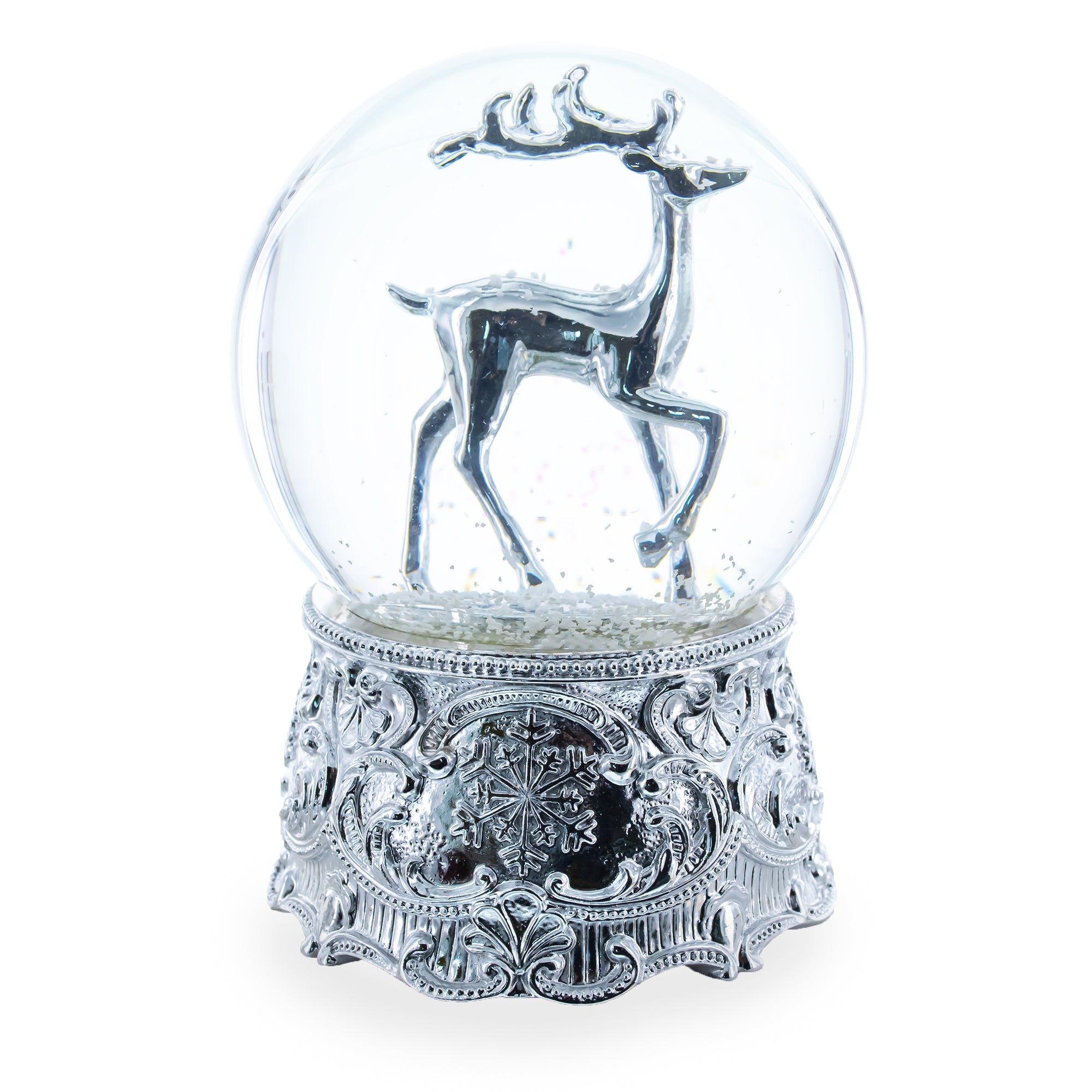 Silver Reindeer Serenade Musical Christmas Water Snow Globe