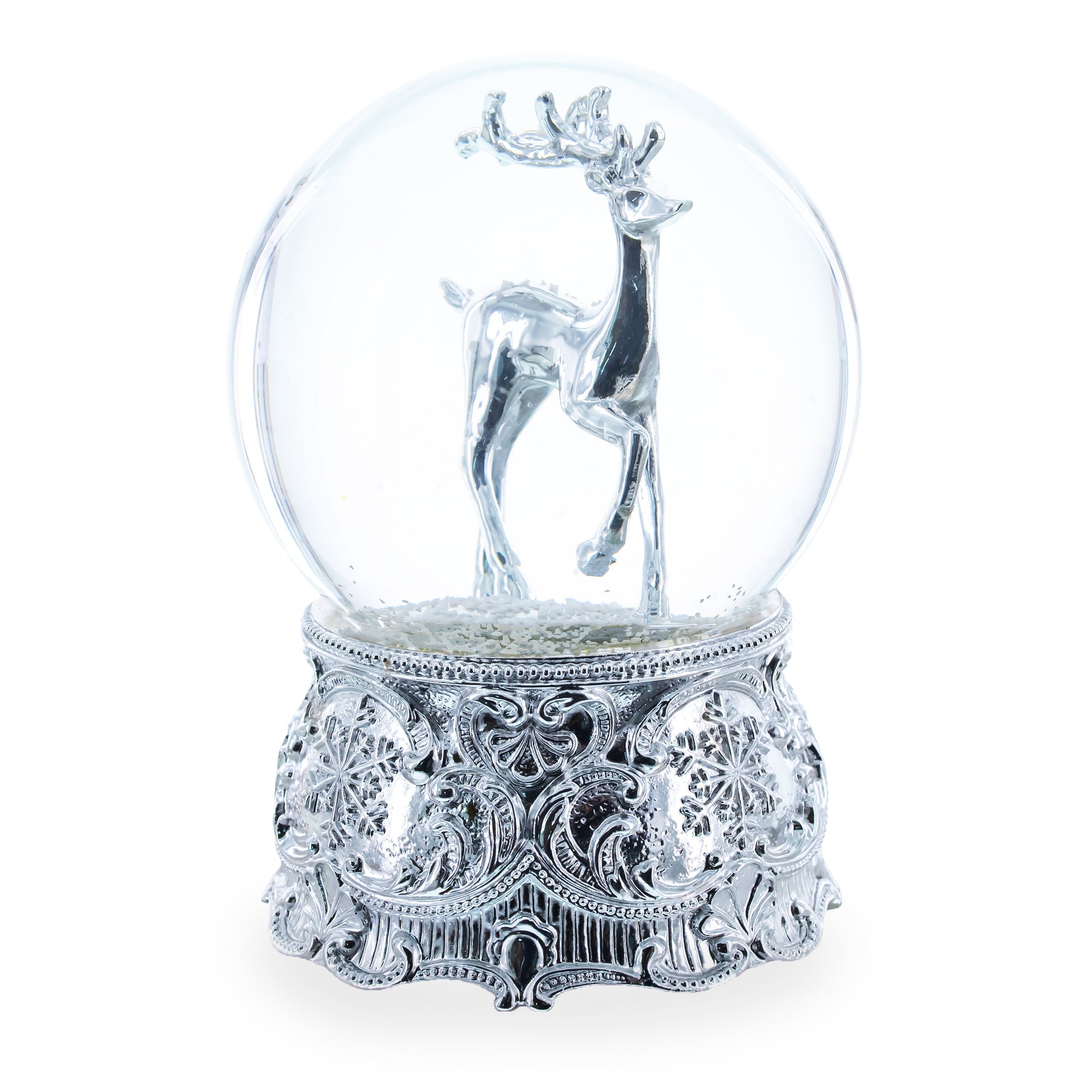 Silver Reindeer Serenade Musical Christmas Water Snow Globe