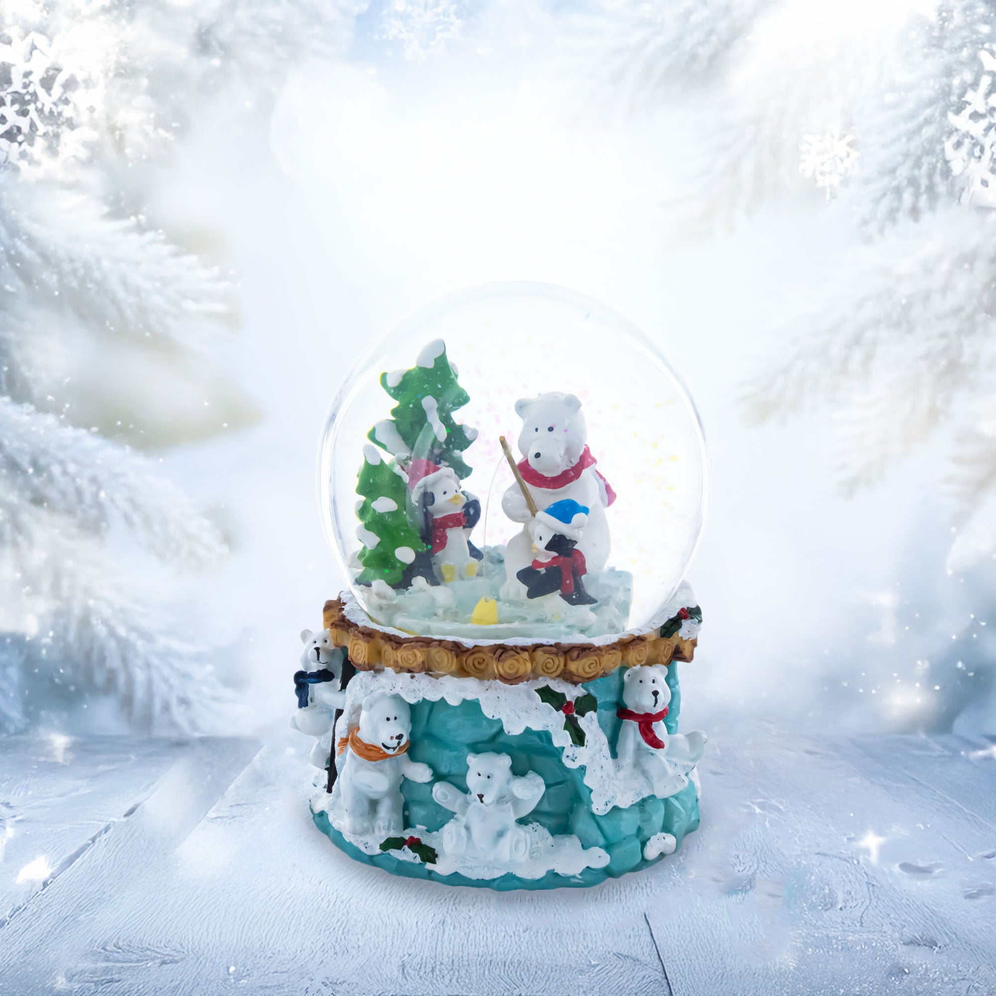 Bear and Penguins Fishing Musical Christmas Water Snow Globe