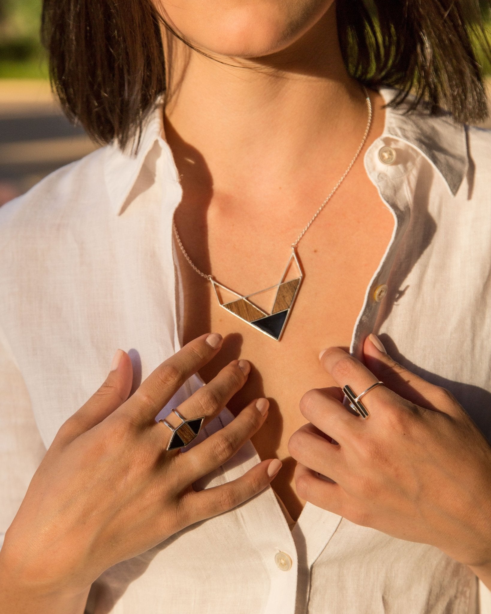 Point Made Wood and Onyx Sterling Silver Necklace Barse Jewelry