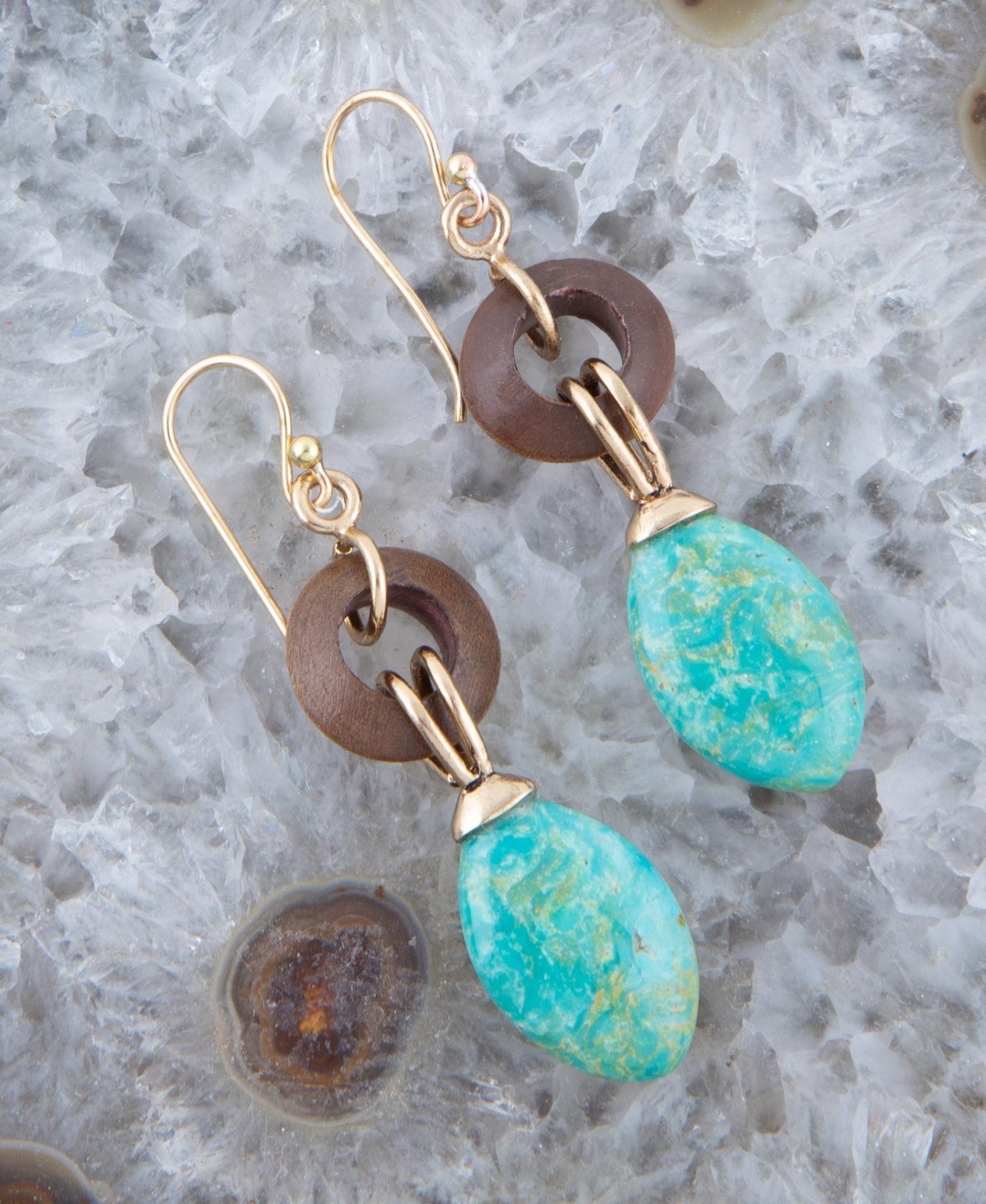 Precious Green Turquoise and Wood Golden Bronze Drop Earrings Barse Jewelry