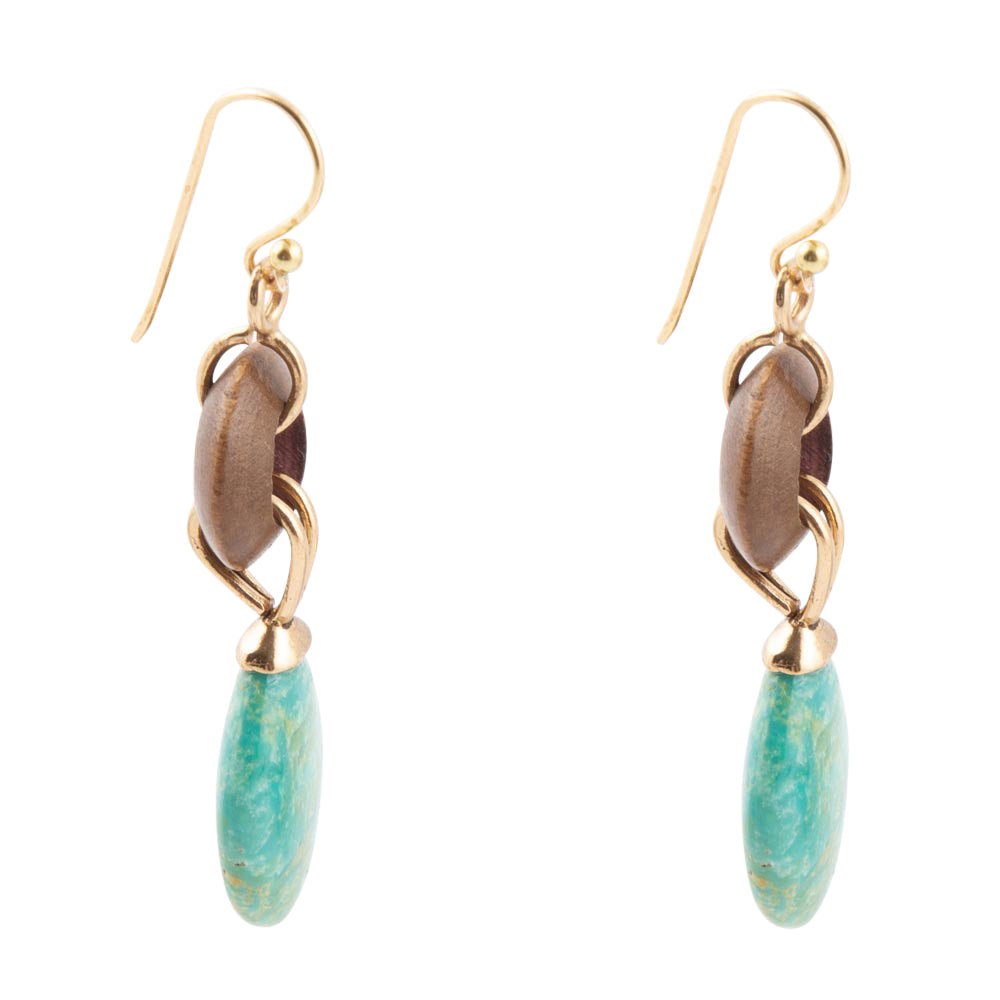Precious Green Turquoise and Wood Golden Bronze Drop Earrings Barse Jewelry