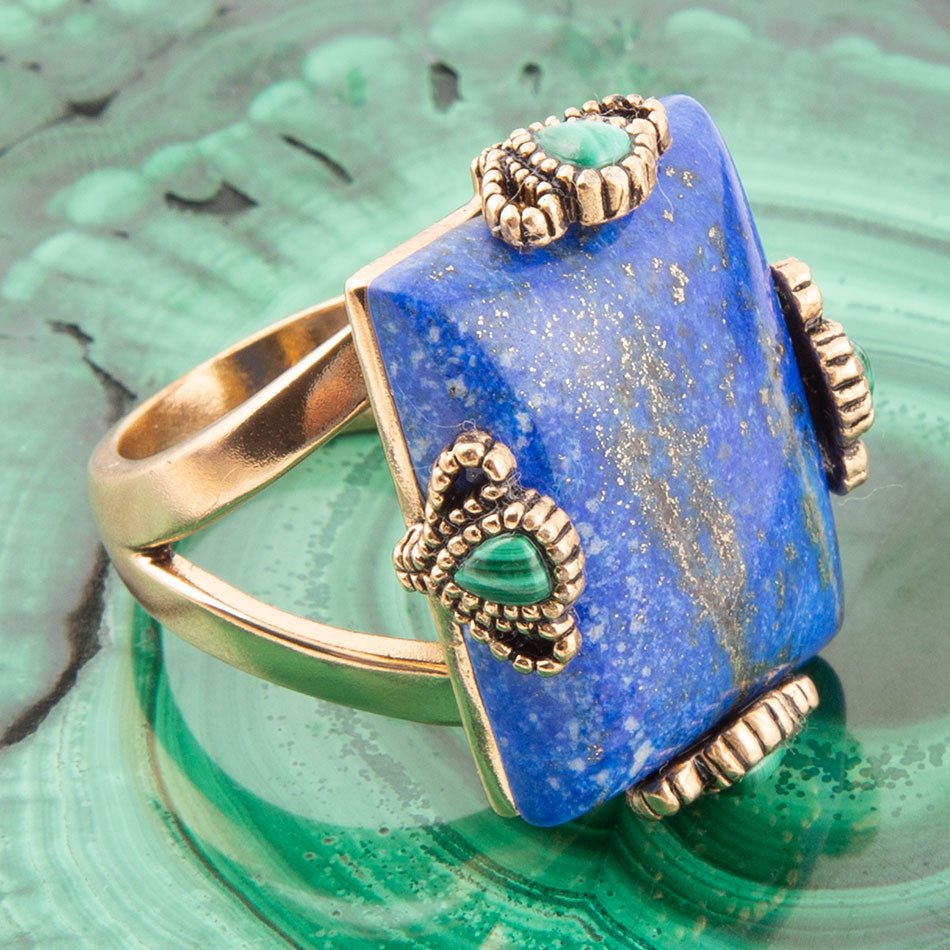 Prismatic Blue Lapis and Malachite Golden Ring Barse Jewelry