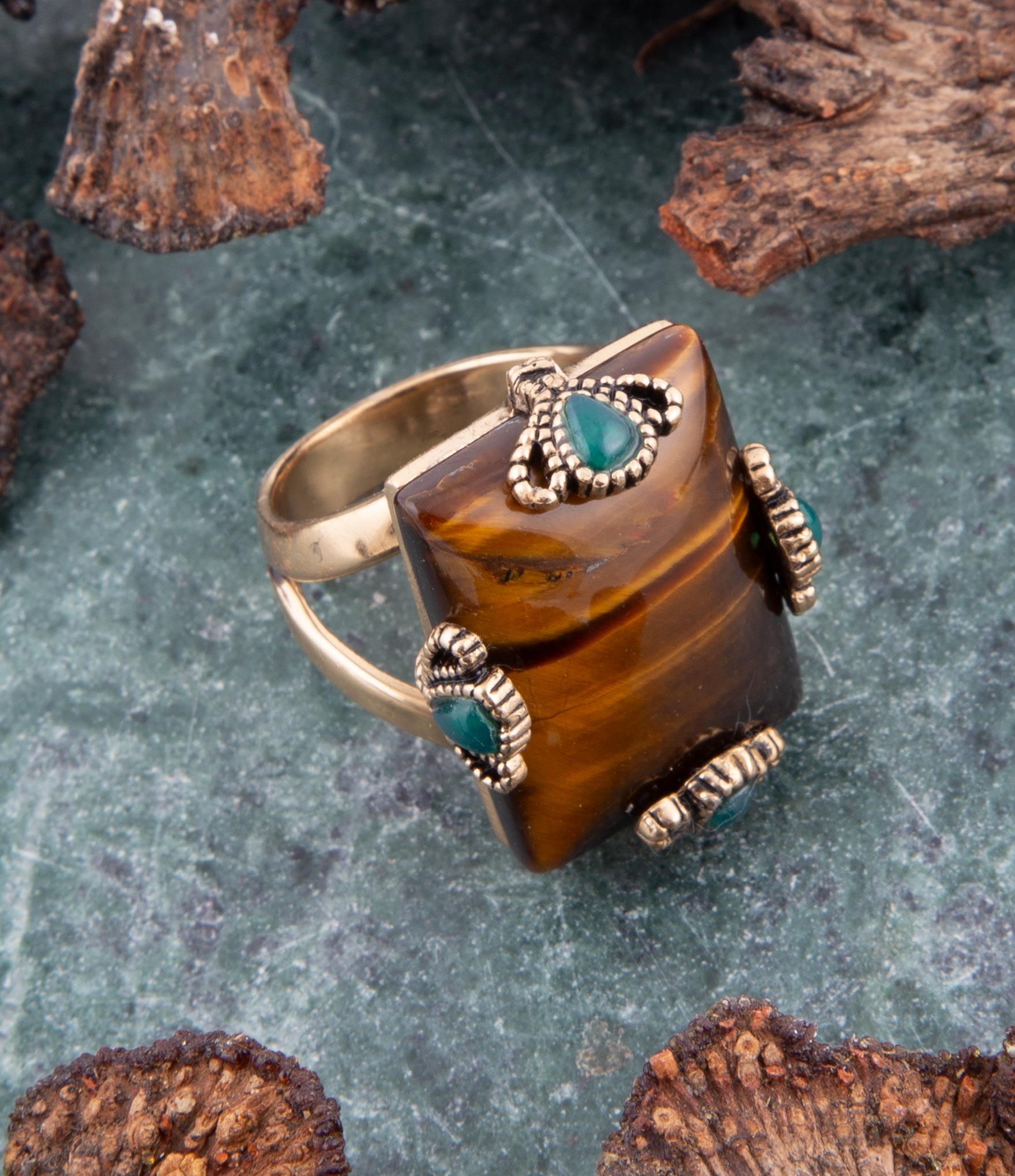 Prismatic Brown Tiger's Eye Statement Golden Ring Barse Jewelry