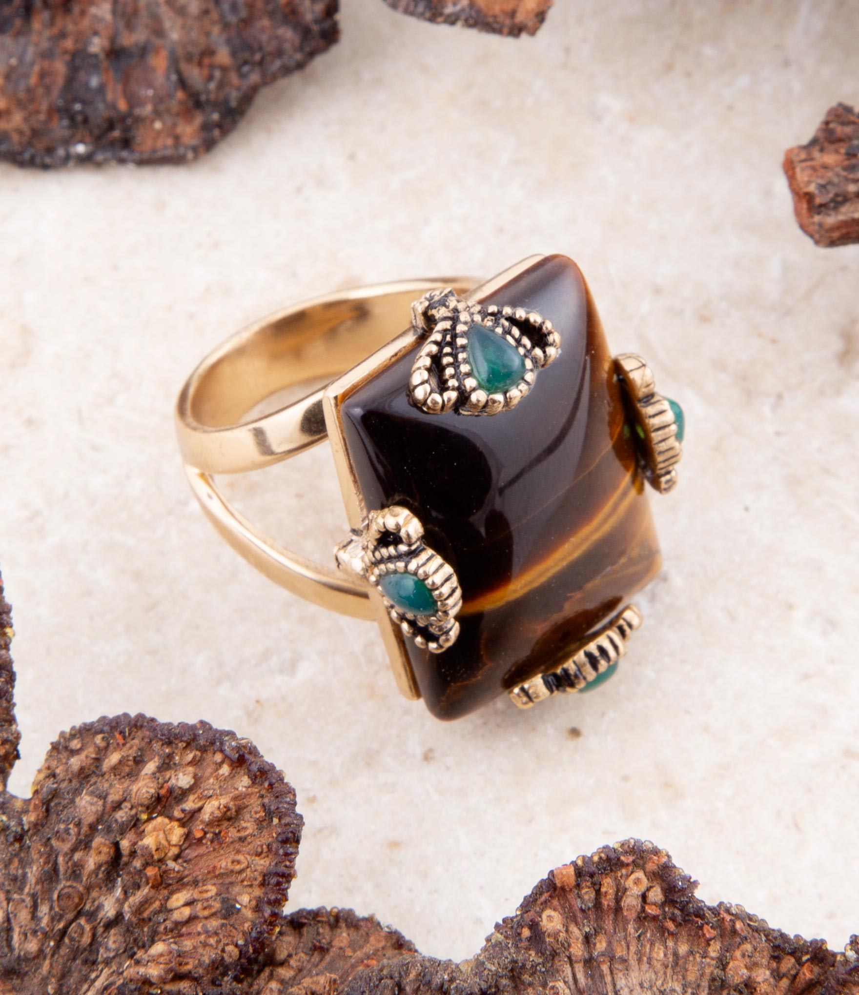 Prismatic Brown Tiger's Eye Statement Golden Ring Barse Jewelry