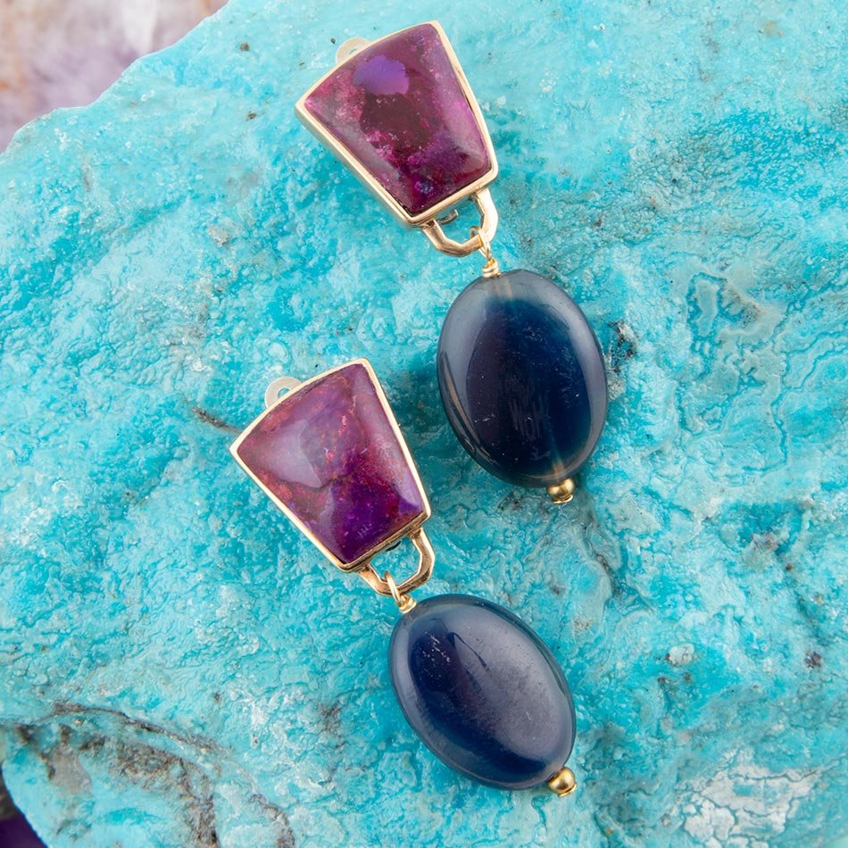 Purple Turquoise Indigo Golden Clip Earrings Barse Jewelry