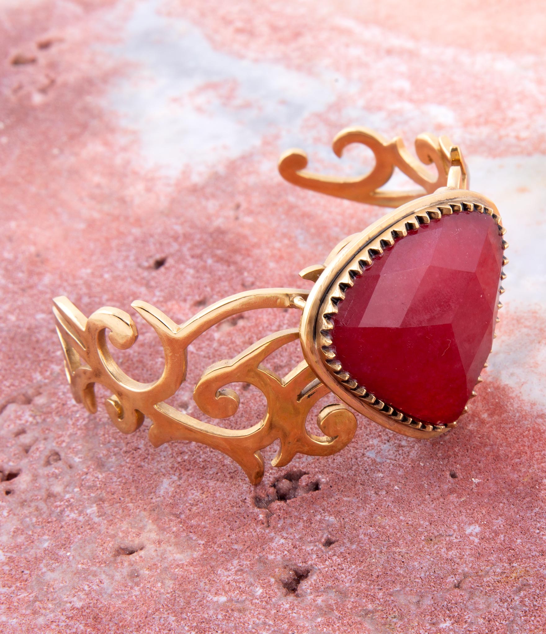 Red Bordeaux Quartz Golden Statement Cuff Bracelet Barse Jewelry