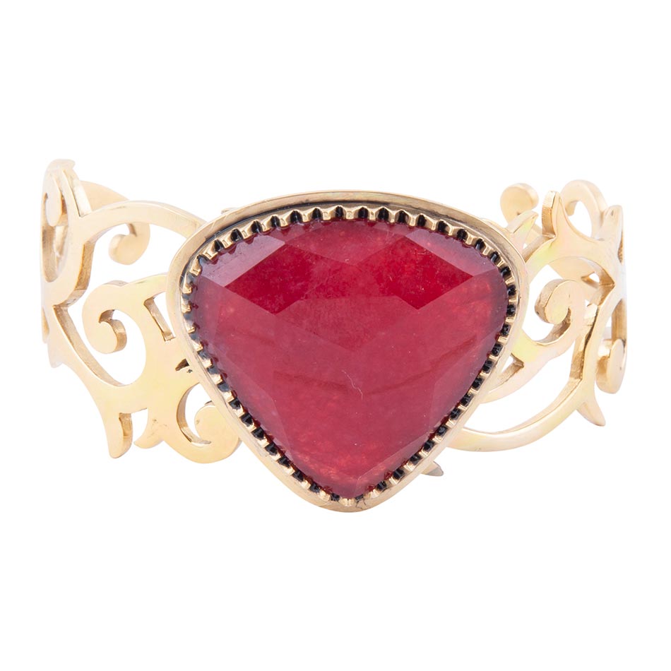 Red Bordeaux Quartz Golden Statement Cuff Bracelet Barse Jewelry