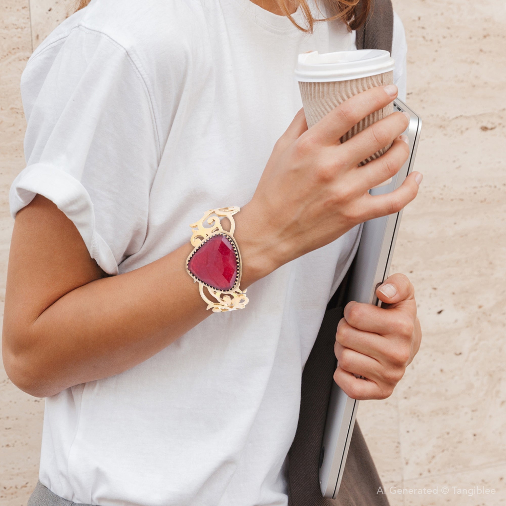 Red Bordeaux Quartz Golden Statement Cuff Bracelet Barse Jewelry