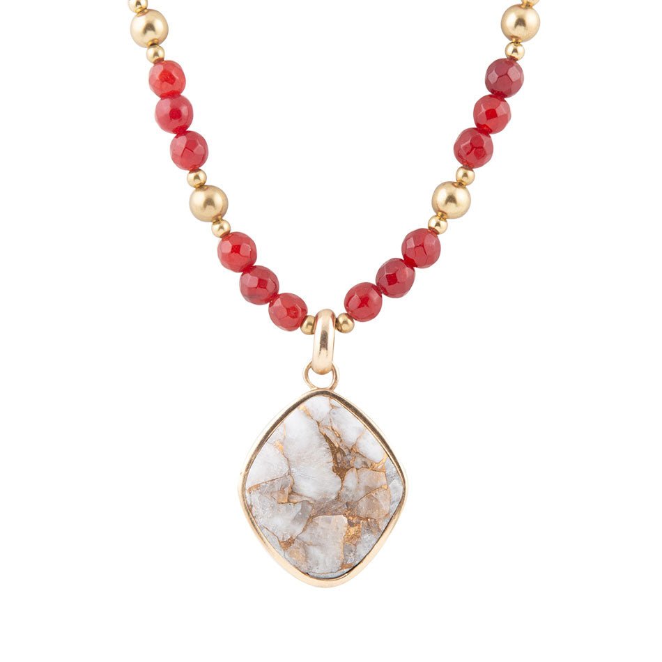 Red Carnelian and Crystal Calcite Pendant Golden Necklace Barse Jewelry
