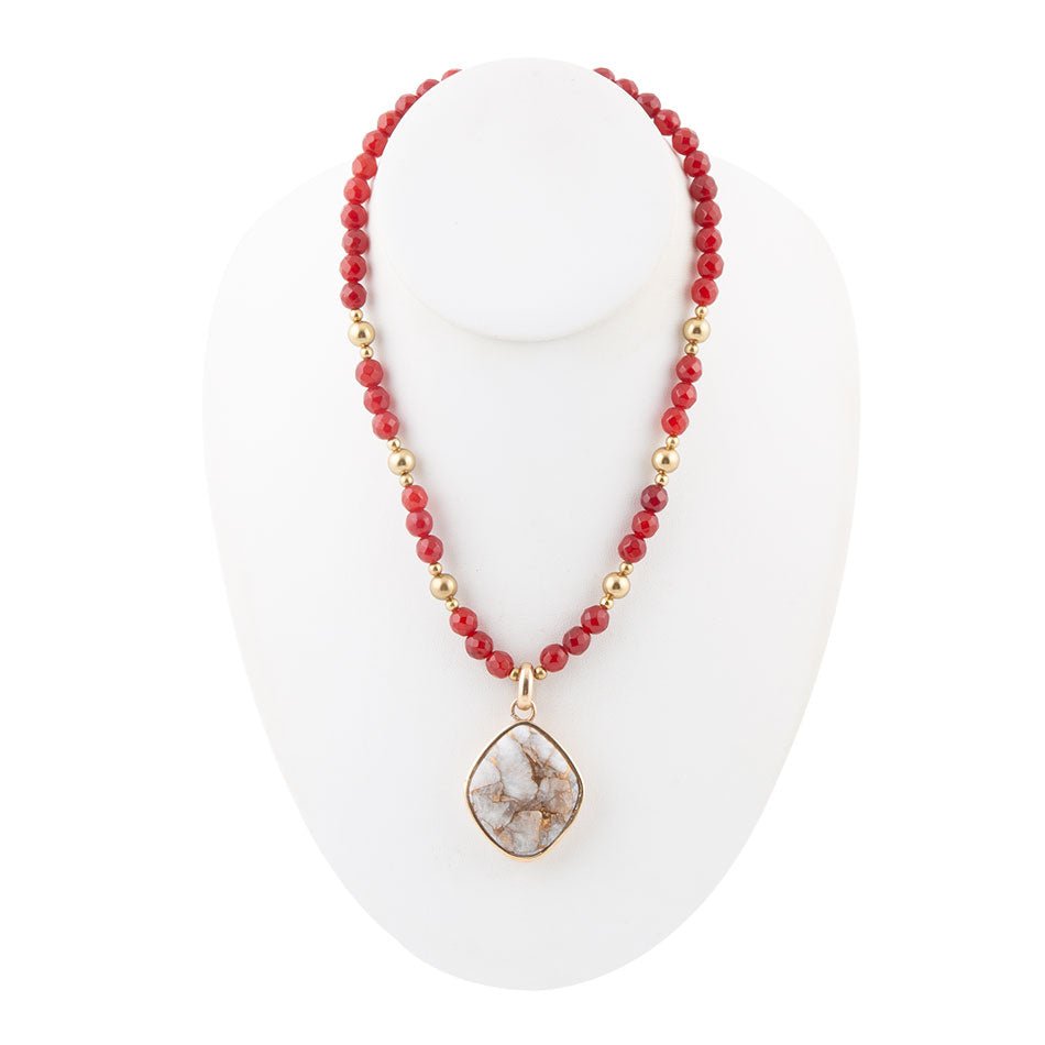 Red Carnelian and Crystal Calcite Pendant Golden Necklace Barse Jewelry
