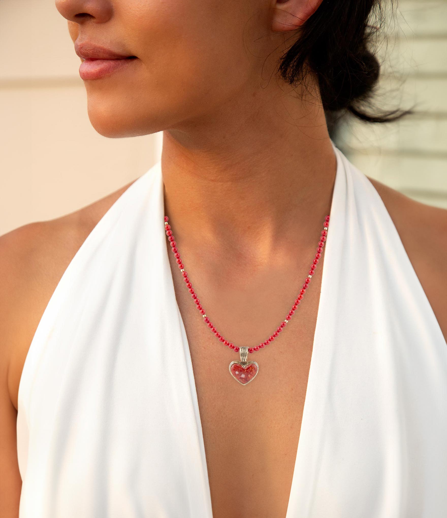 Red Coral Hart Pendant Golden Bronze Necklace Barse Jewelry