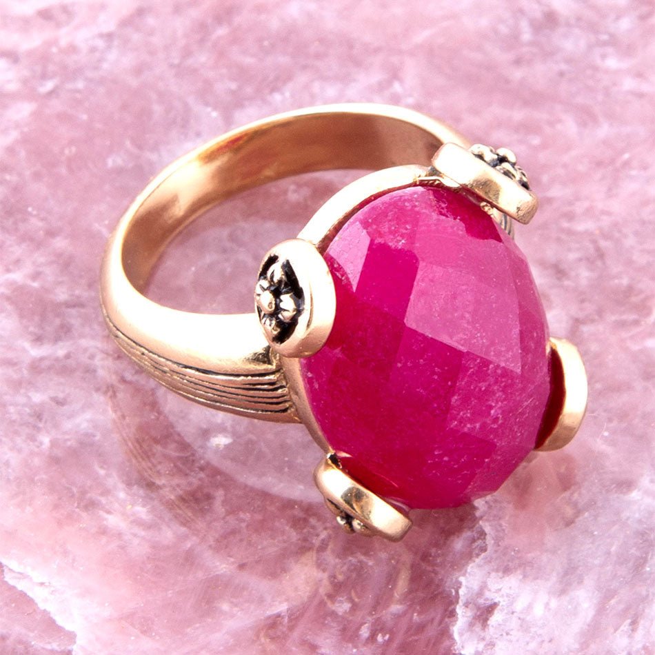 Faceted Red Raspberry Quartz Golden Statement Ring Barse Jewelry