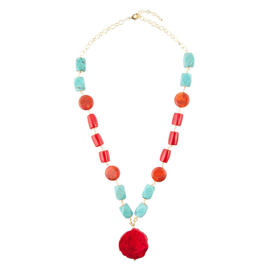 Red River Turquoise and Coral Rosary Pendant Necklace Barse Jewelry