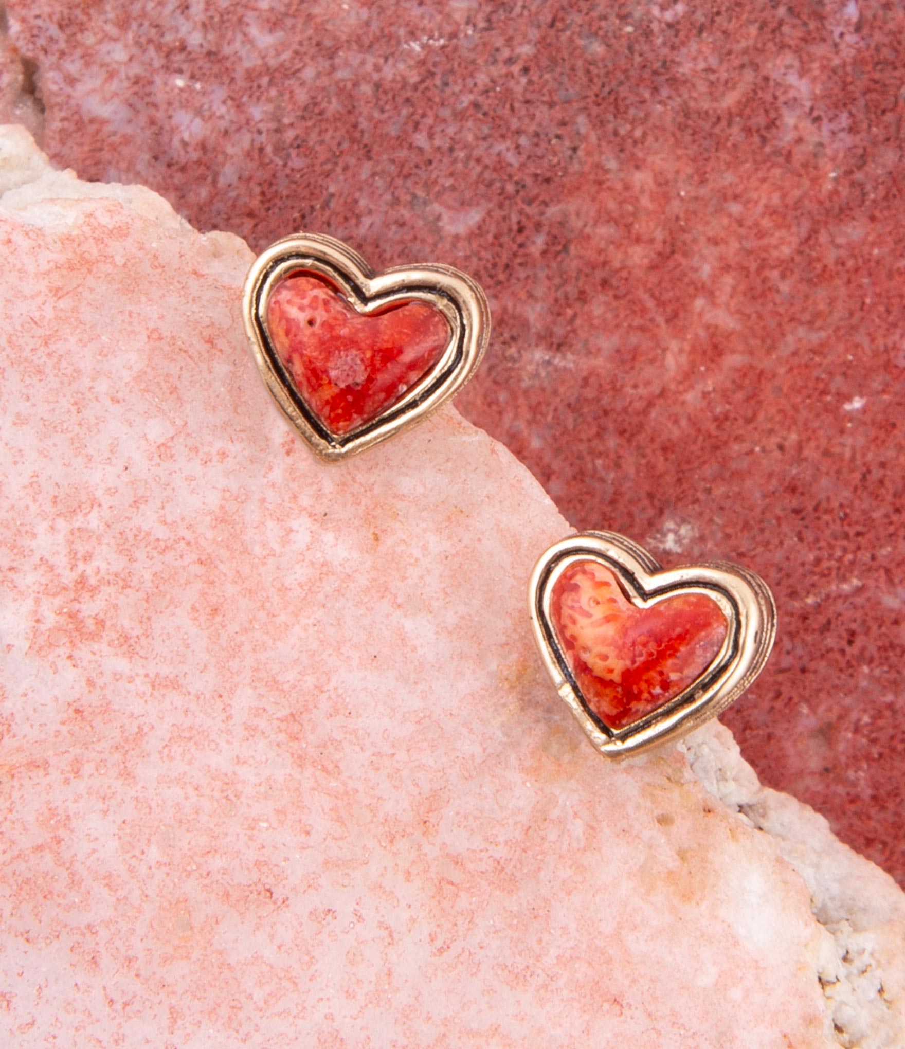 Heart Red Sponge Coral Golden Stud Earrings Barse Jewelry