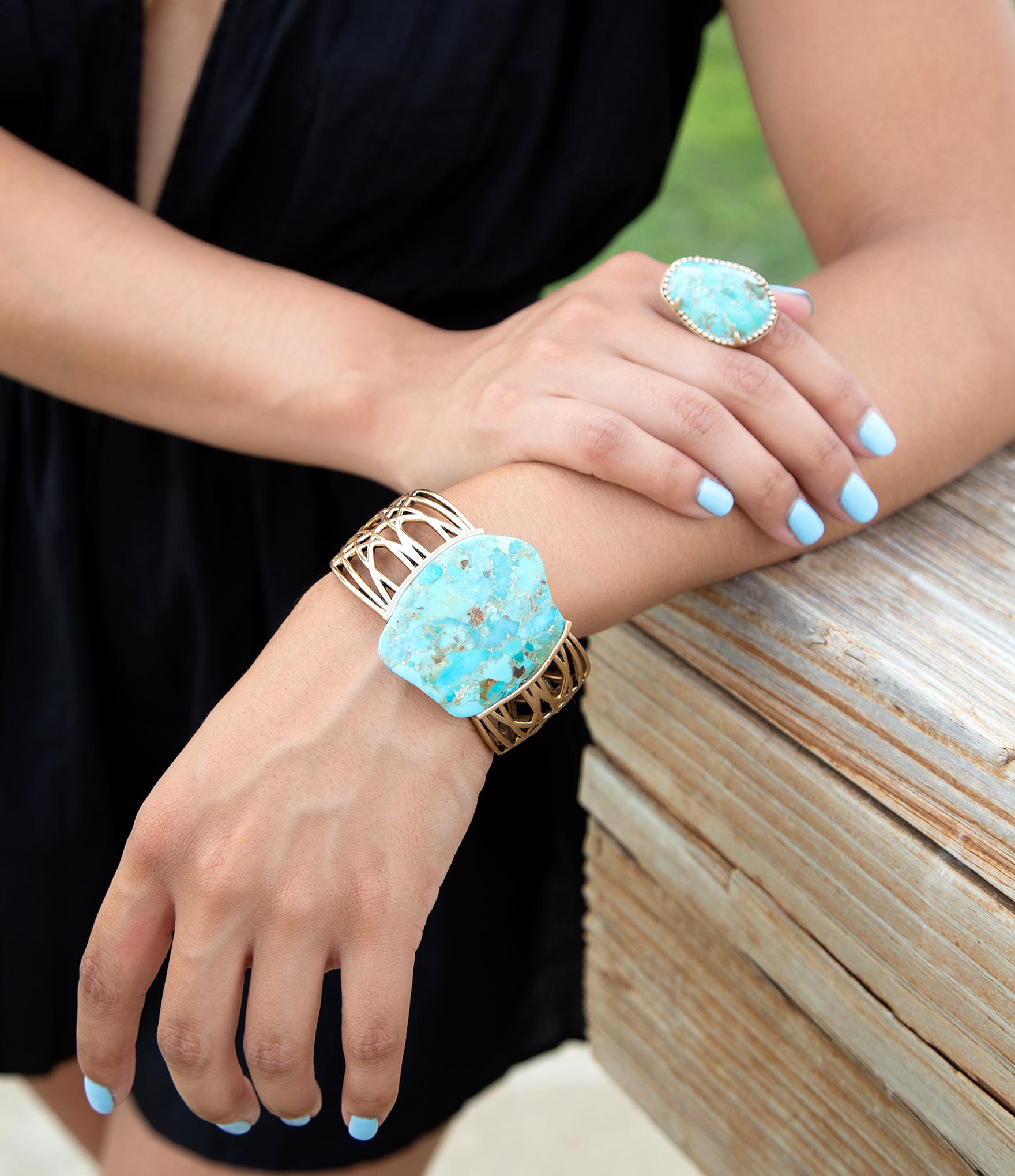 Refined Blue Turquoise Golden Statement Ring Barse Jewelry