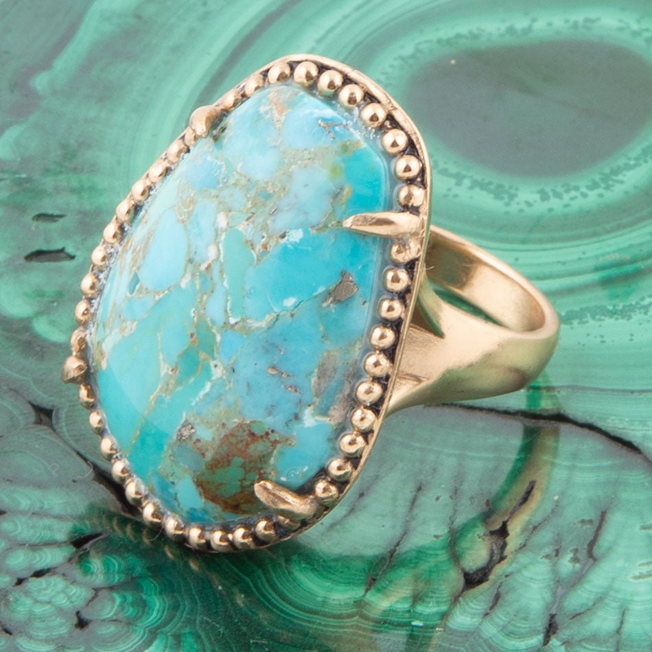 Refined Blue Turquoise Golden Statement Ring Barse Jewelry