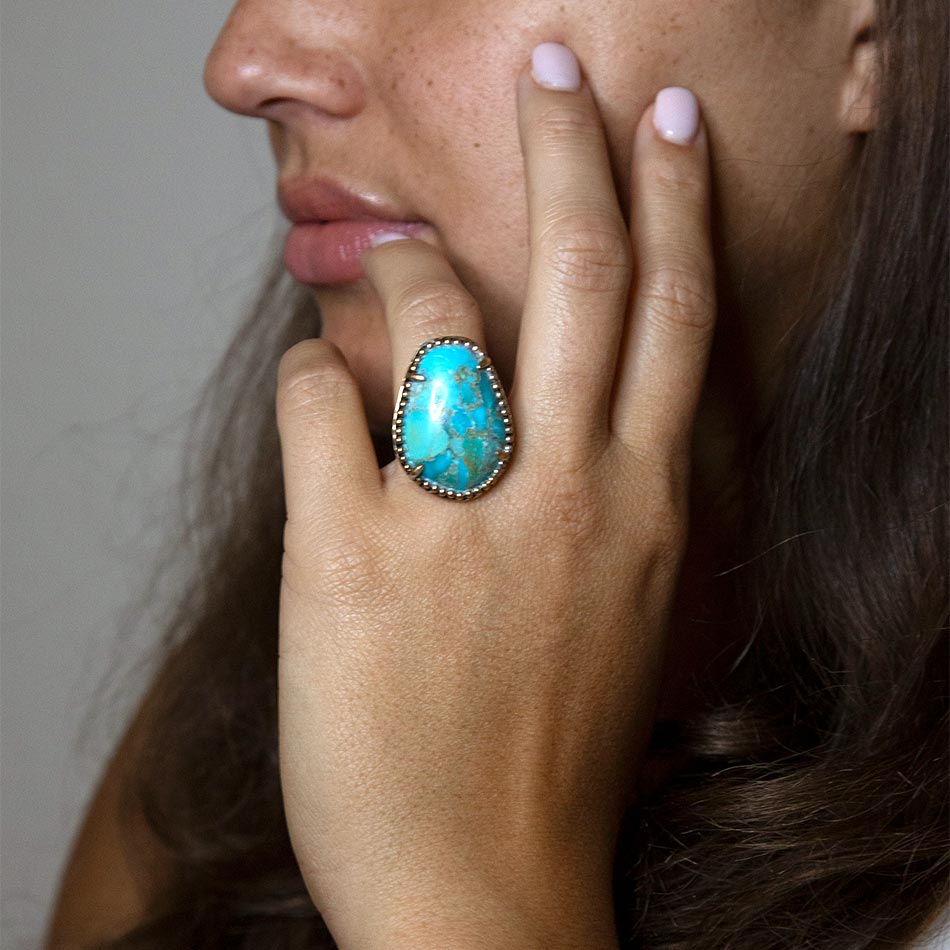 Refined Blue Turquoise Golden Statement Ring Barse Jewelry