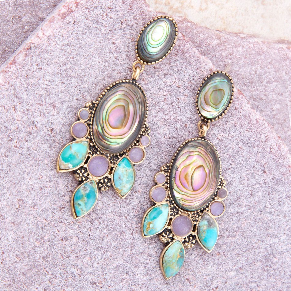 Regal Blue Abalone Mixed Stone Golden Statement Drop Earrings Barse Jewelry