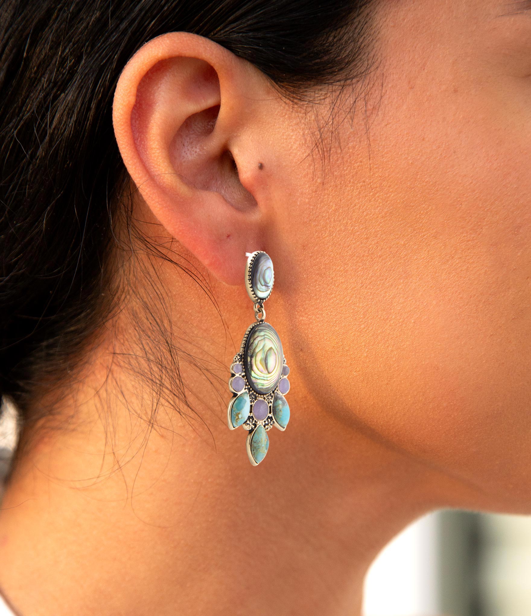 Regal Blue Abalone Mixed Stone Golden Statement Drop Earrings Barse Jewelry