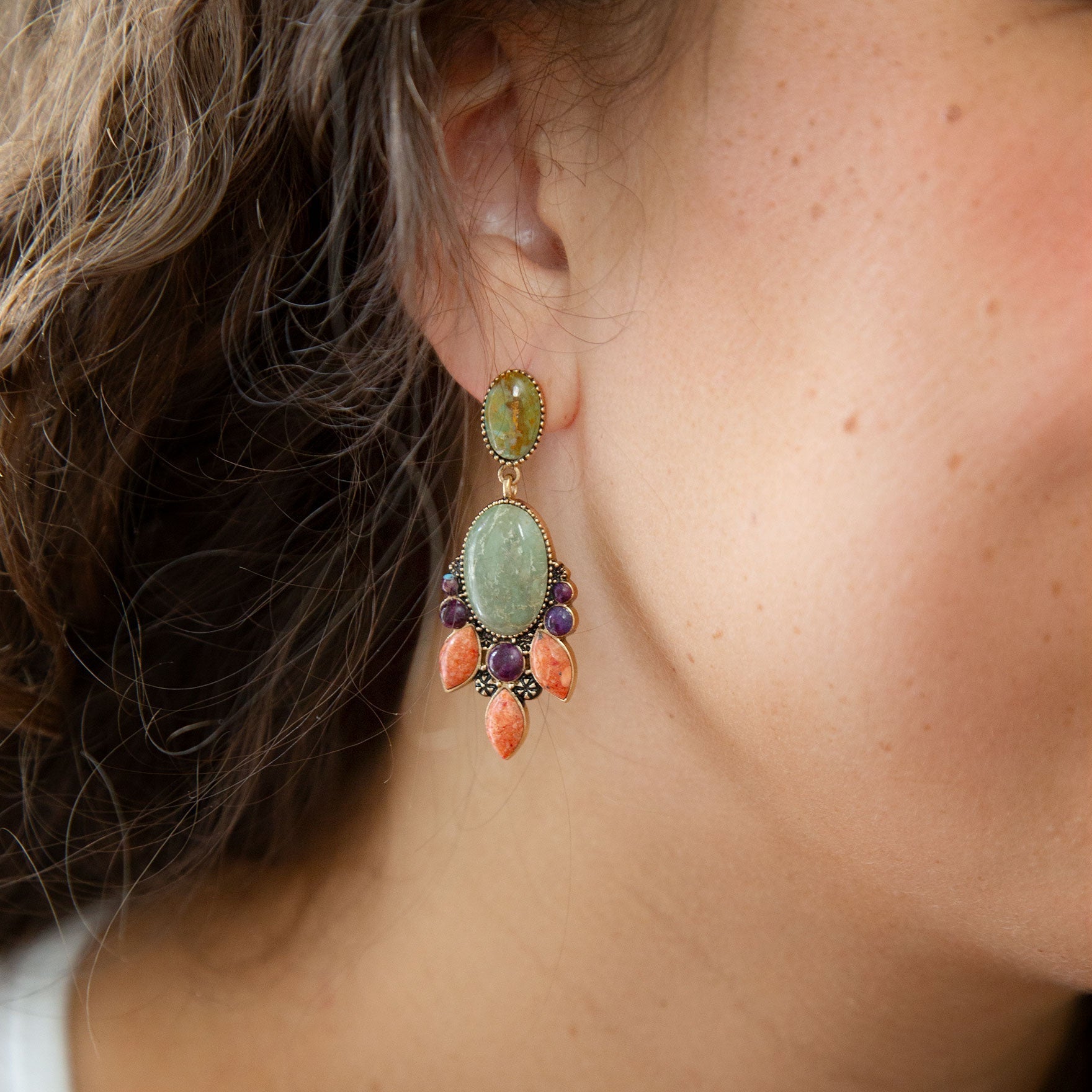 Regalia Blue Turquoise Purple and Orange Coral Goldden Post Drop Earrings Barse Jewelry