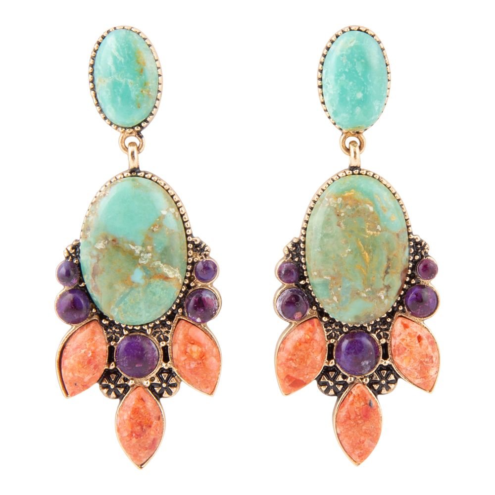 Regalia Blue Turquoise Purple and Orange Coral Goldden Post Drop Earrings Barse Jewelry
