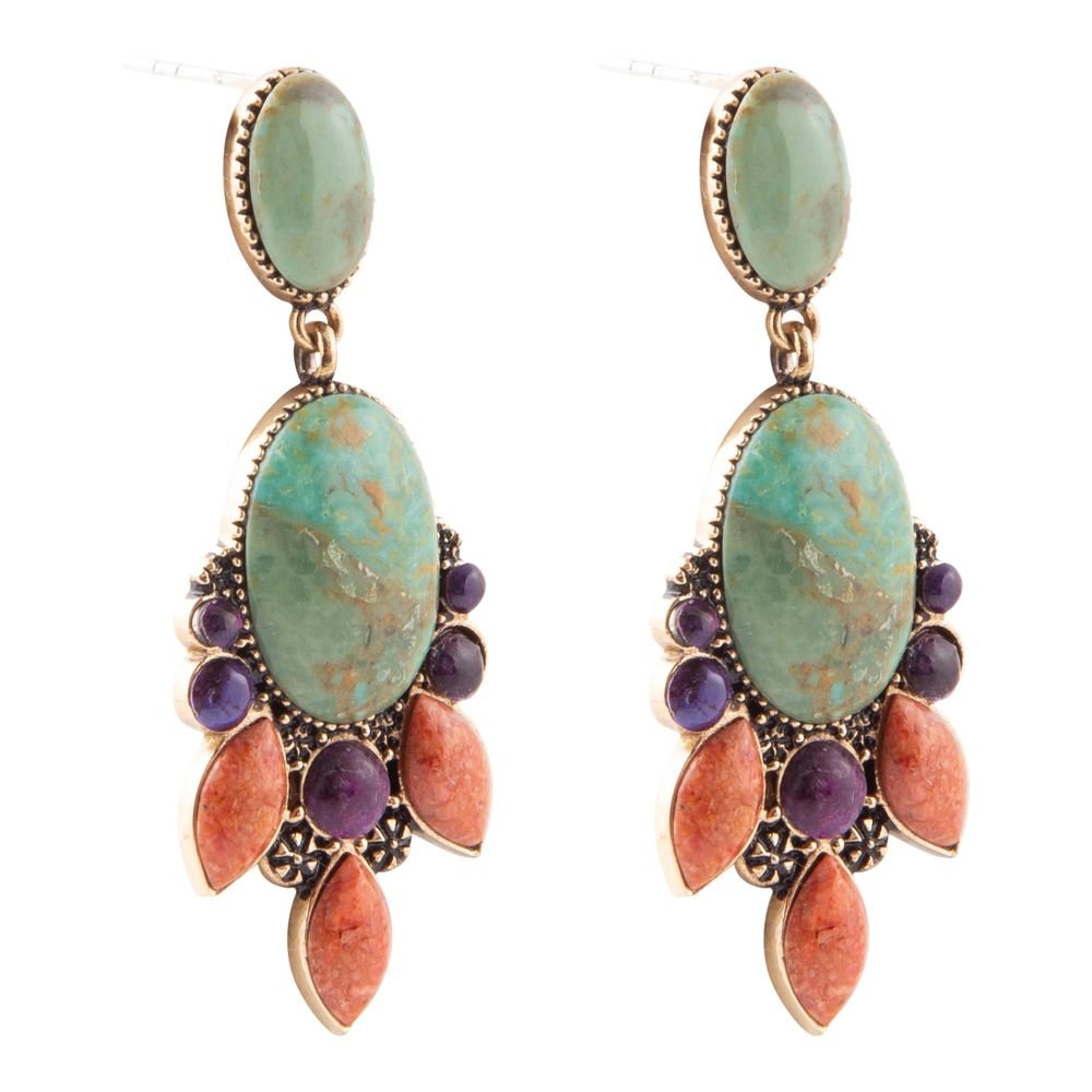 Regalia Blue Turquoise Purple and Orange Coral Goldden Post Drop Earrings Barse Jewelry
