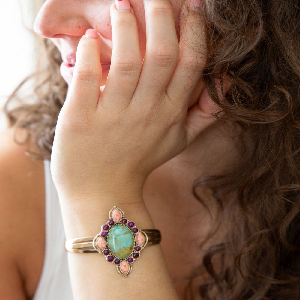 Regalia Blue Turquoise Purple and Orange Coral Golden Cuff Bracelet Barse Jewelry