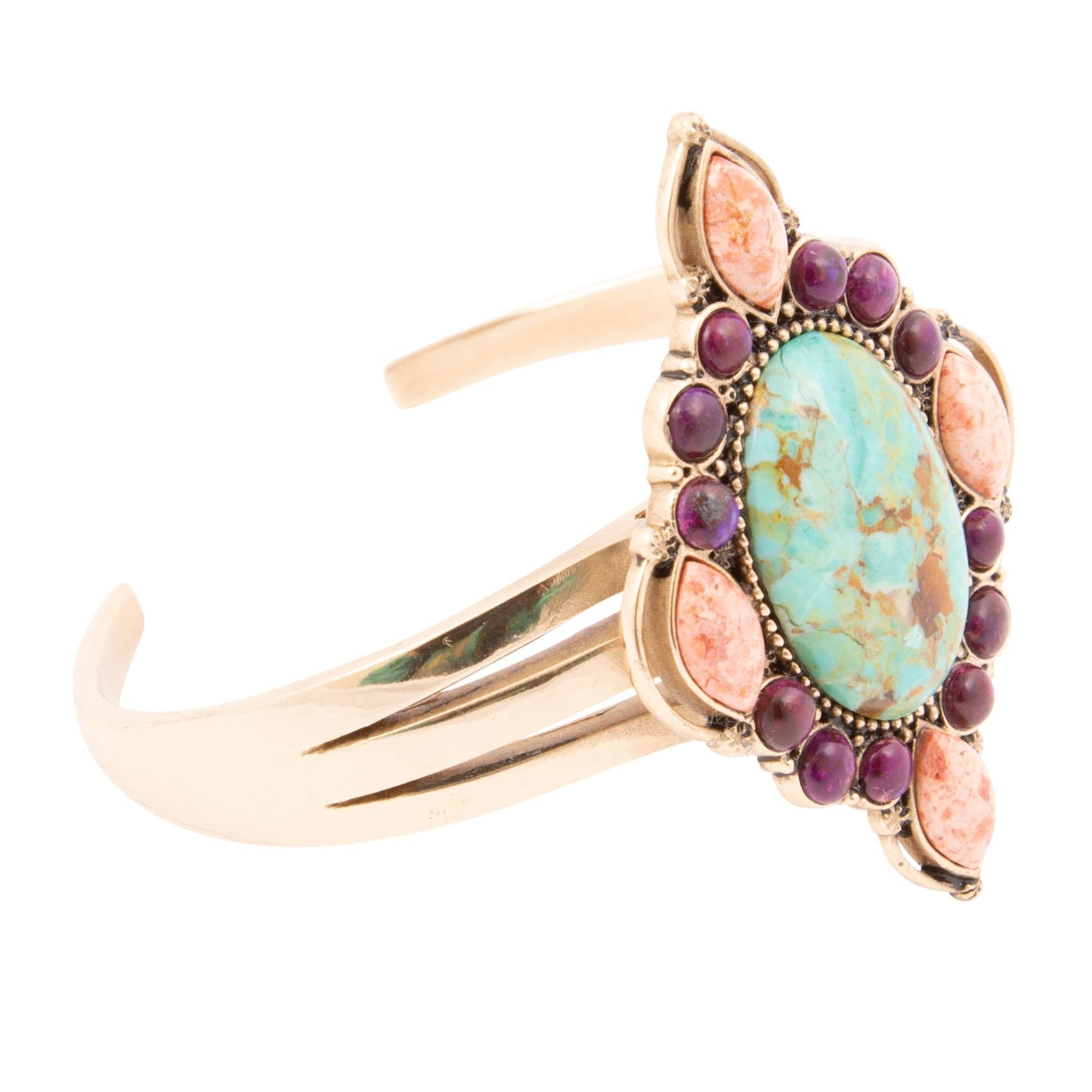 Regalia Blue Turquoise Purple and Orange Coral Golden Cuff Bracelet Barse Jewelry