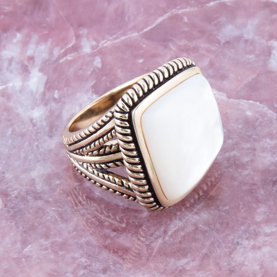 Roped White Mother of Pearl and Golden Statement Ring Barse Jewelry
