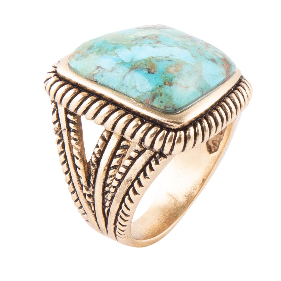Roped Square Blue Turquoise Golden Statement Ring Barse Jewelry