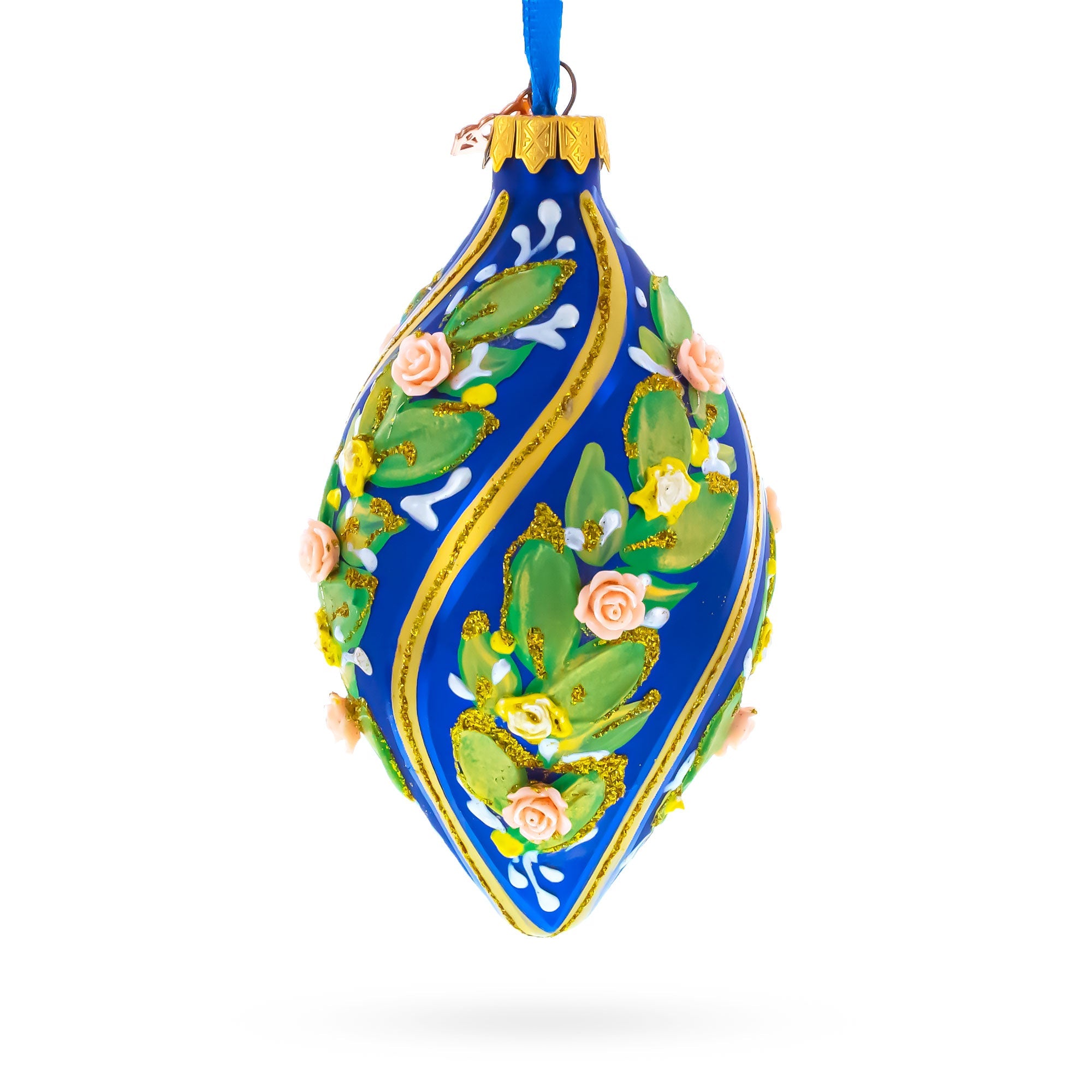 Swirl Roses on Blue Pointed Teardrop Finial Glass Christmas Ornament
