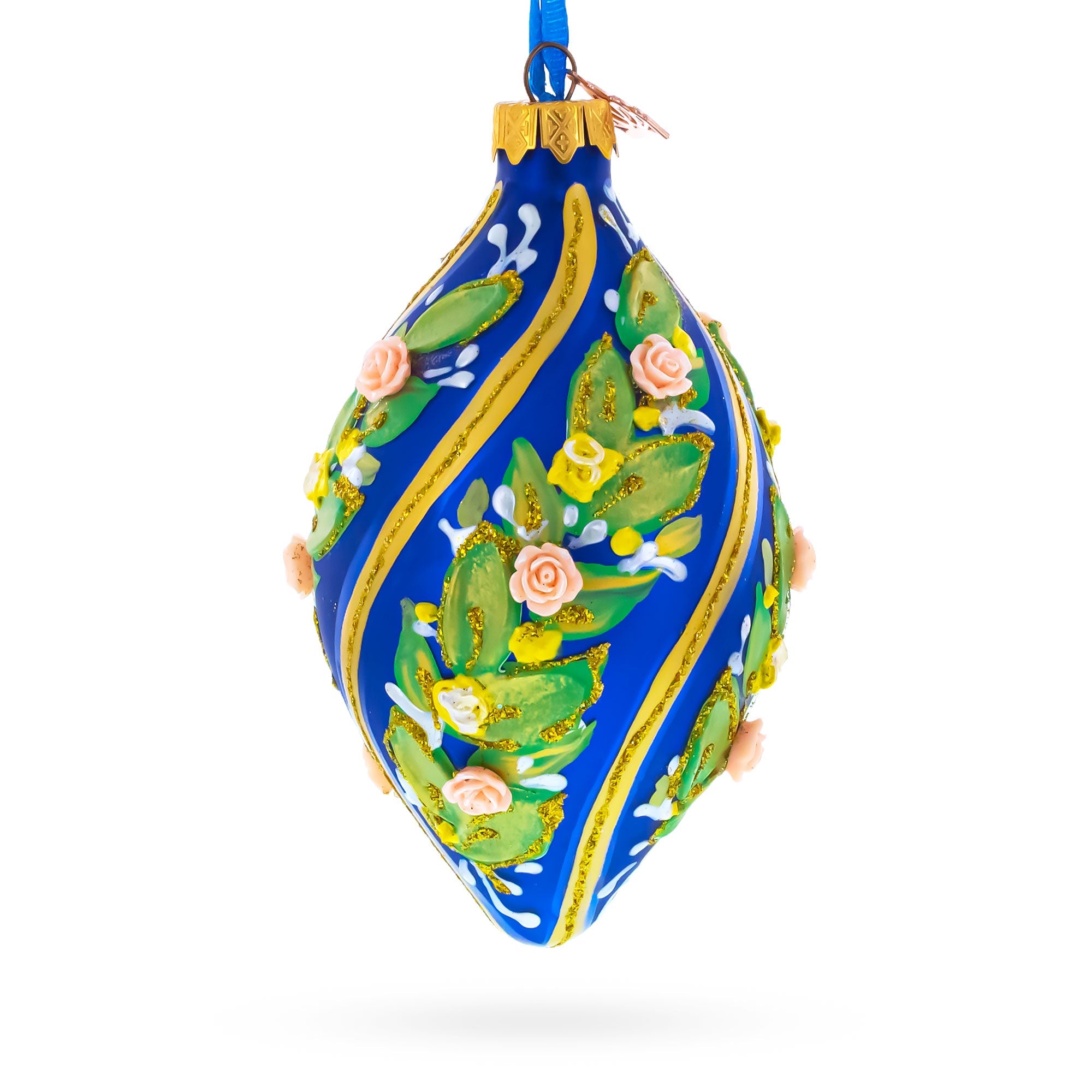 Swirl Roses on Blue Pointed Teardrop Finial Glass Christmas Ornament