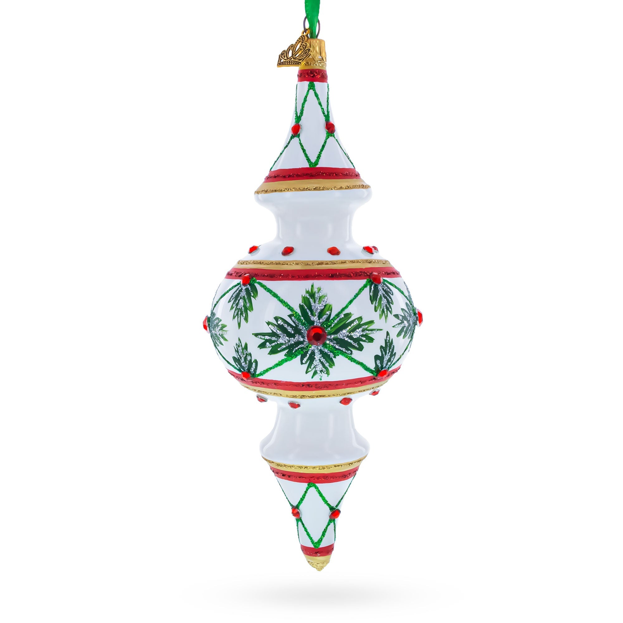 Winter Lattice & Holly Star Jeweled Double-Ended Finial Drop Glass Christmas Ornament