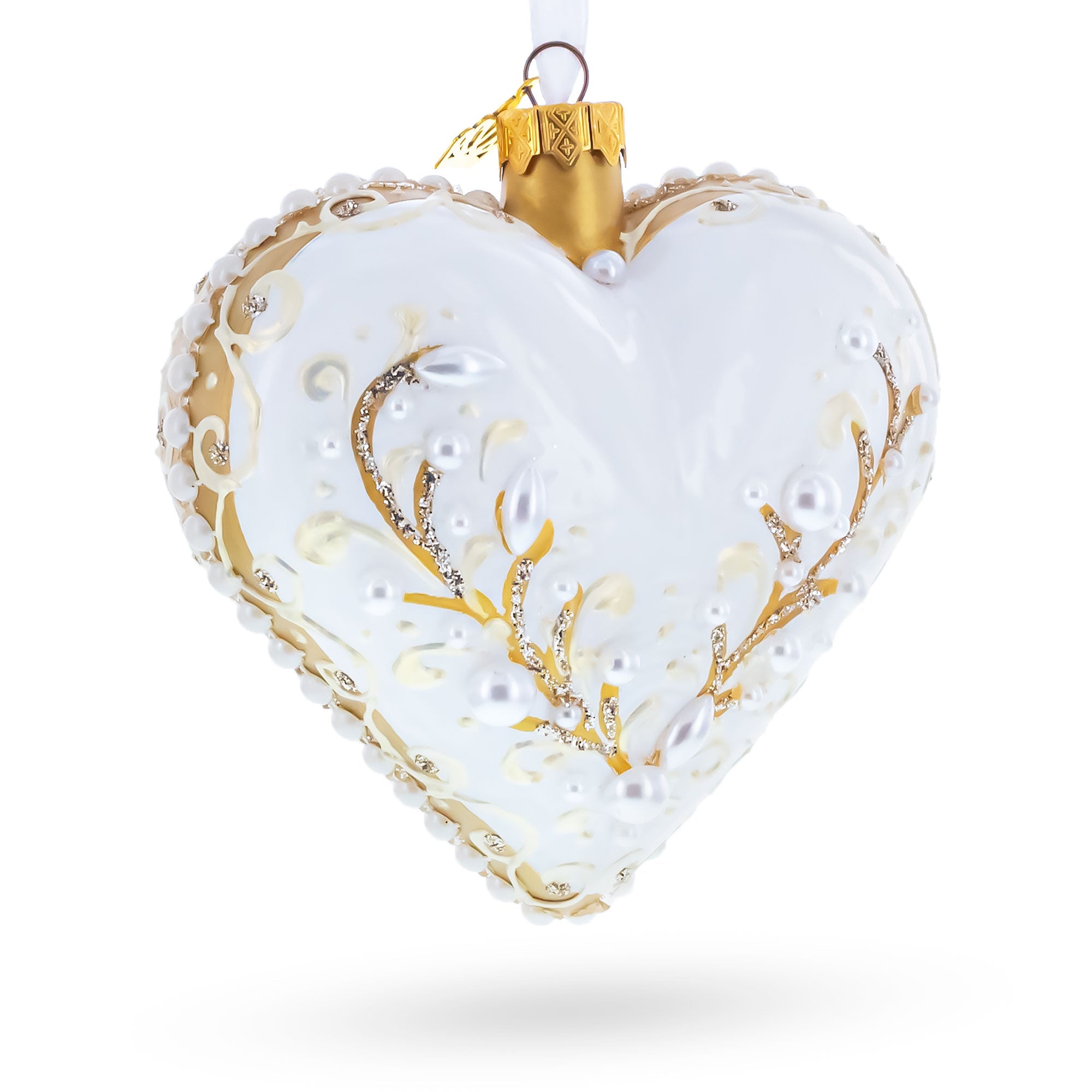 Winter Pearl Vine Jeweled Glass Heart Ornament