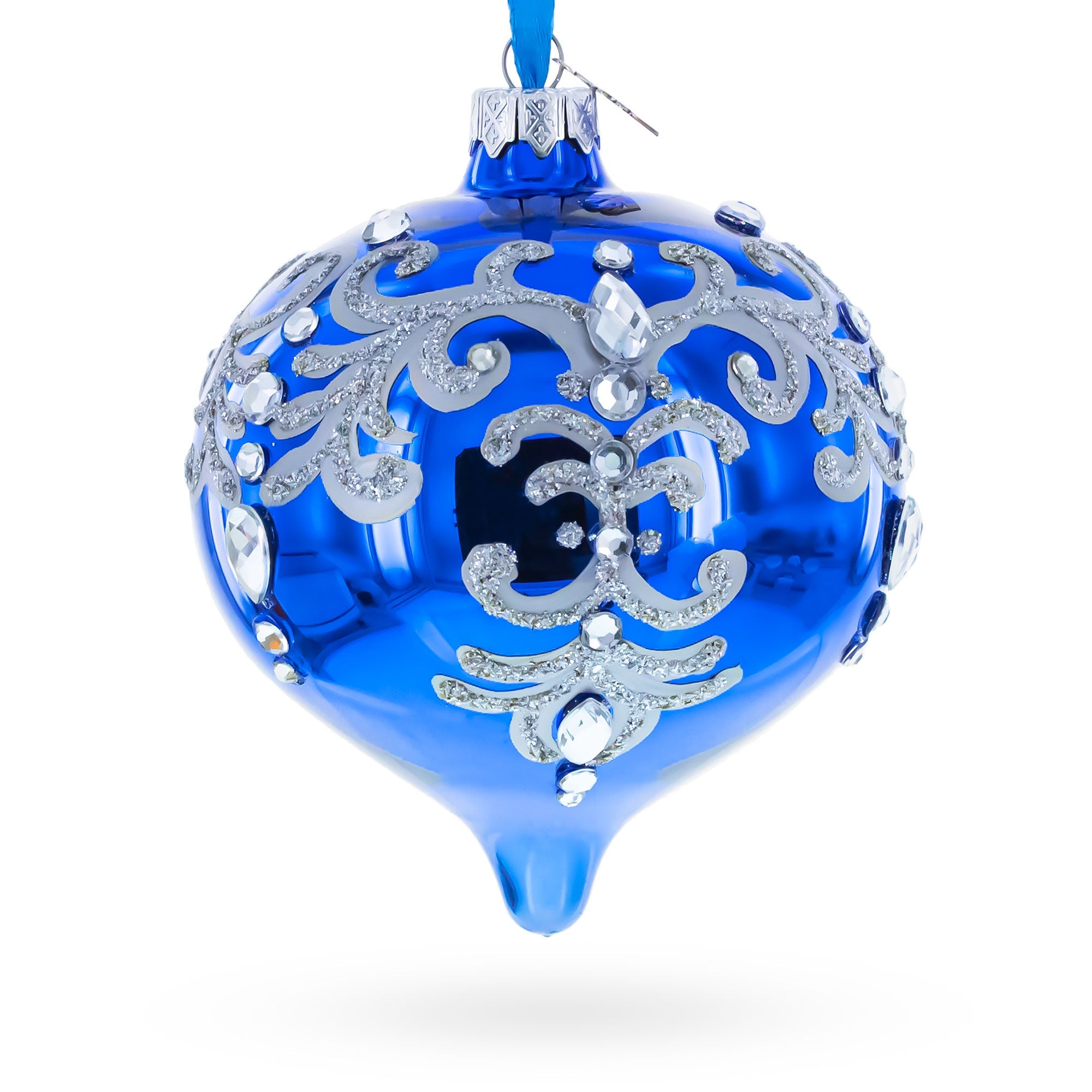 Blue Jeweled Silver Scroll Onion-Shape Finial Glass Christmas Ornament