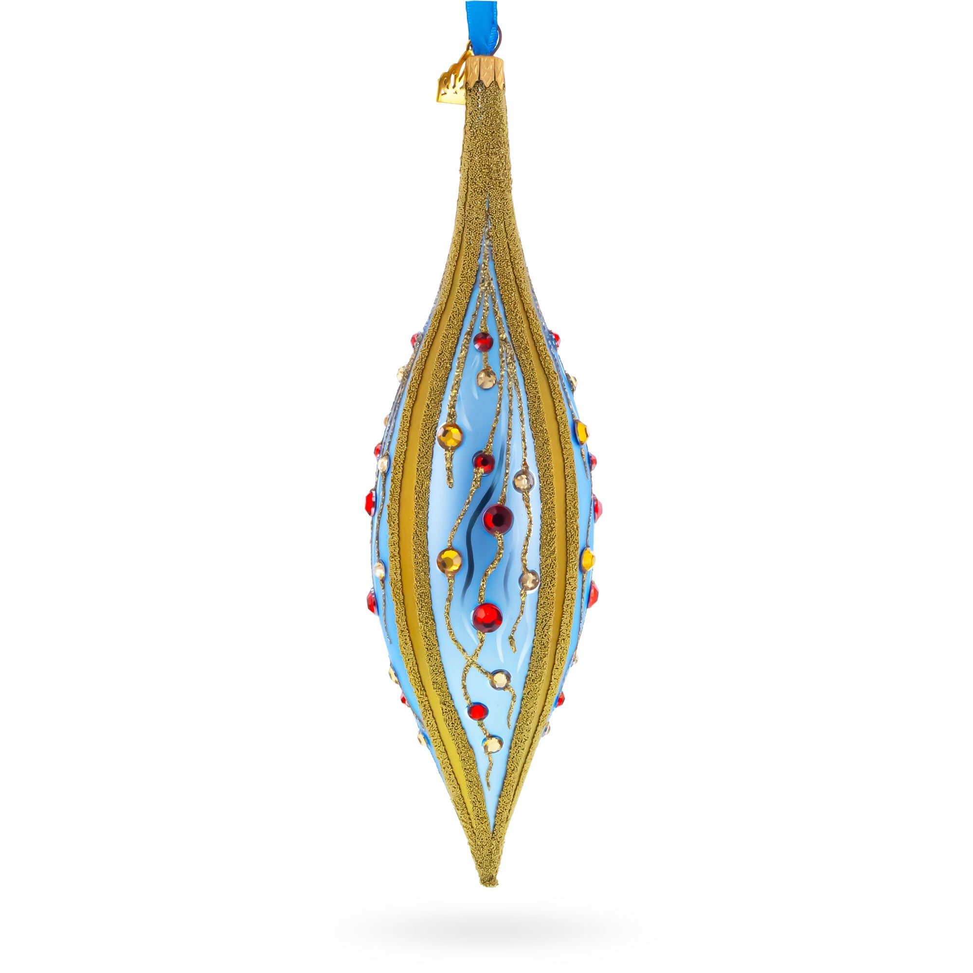 Blue and Gold Jeweled Vine Elongated Pointed Teardrop Finial Glass Christmas Ornament