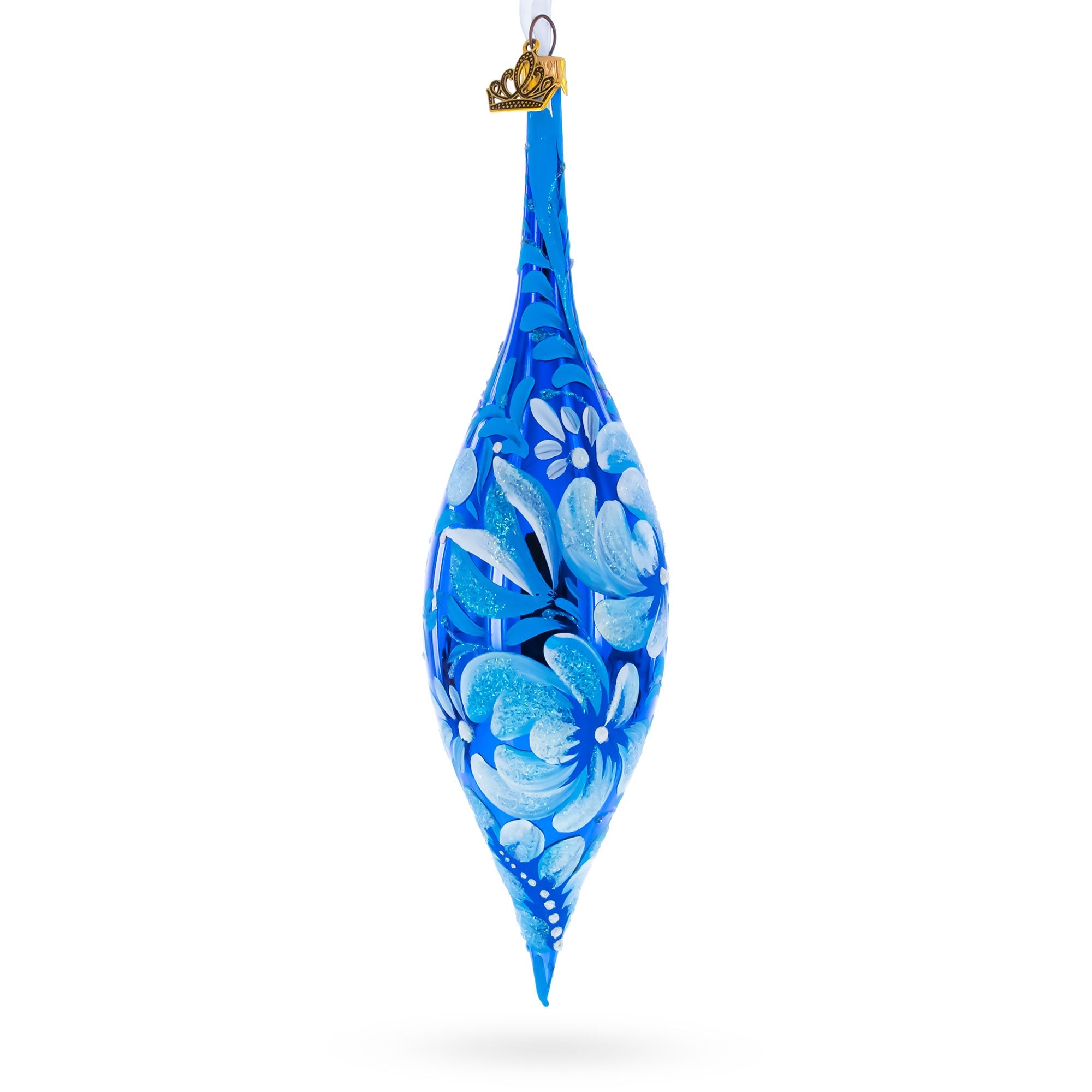 White Petal Blossoms Metallic Blue Elongated Pointed Teardrop Finial Glass Christmas Ornament